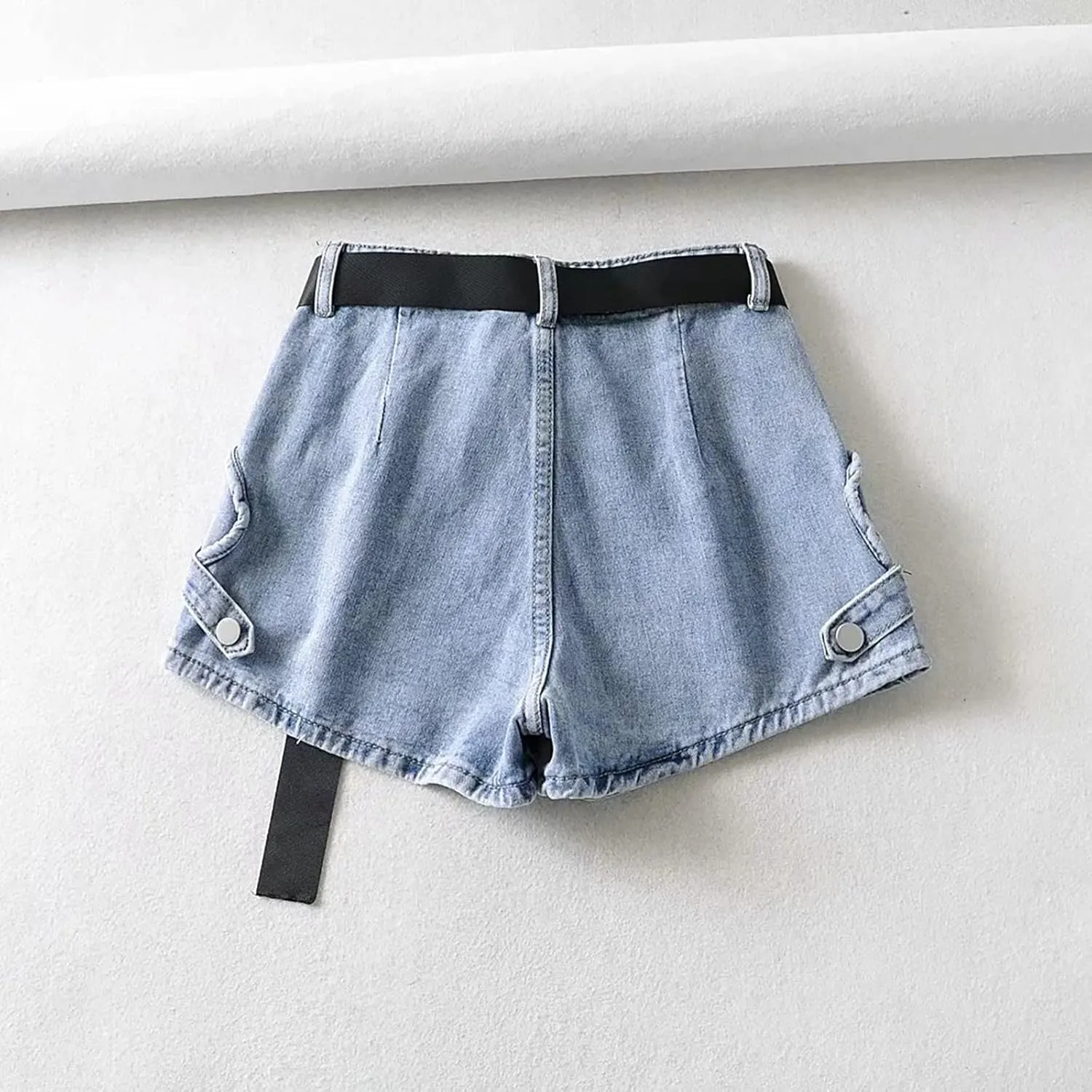 Women's Summer Wide Leg A Line Hot Shorts with Belt Denim High Waisted Drawstring Jeans Shorts with Women's Bike