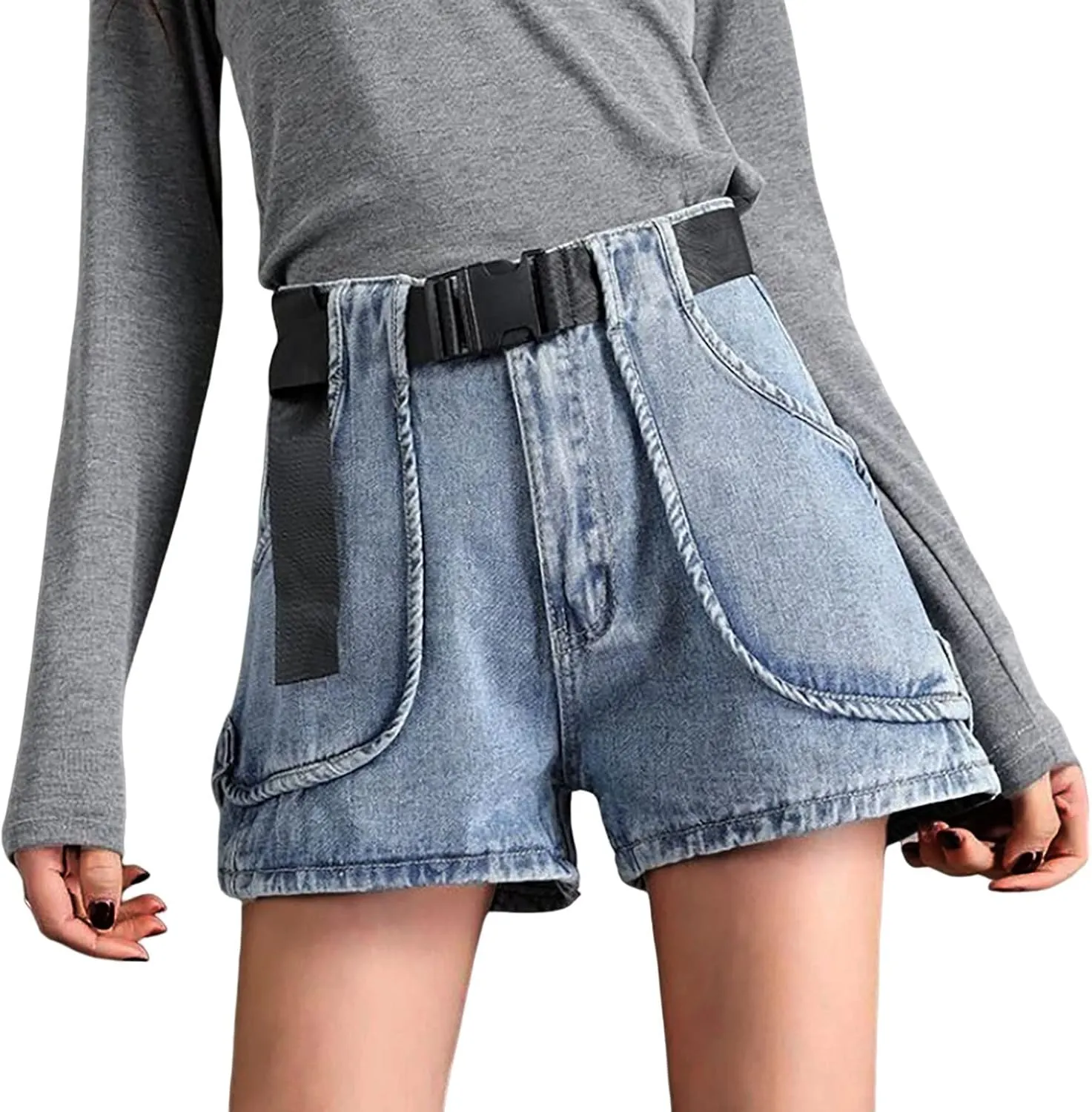Women's Summer Wide Leg A Line Hot Shorts with Belt Denim High Waisted Drawstring Jeans Shorts with Women's Bike