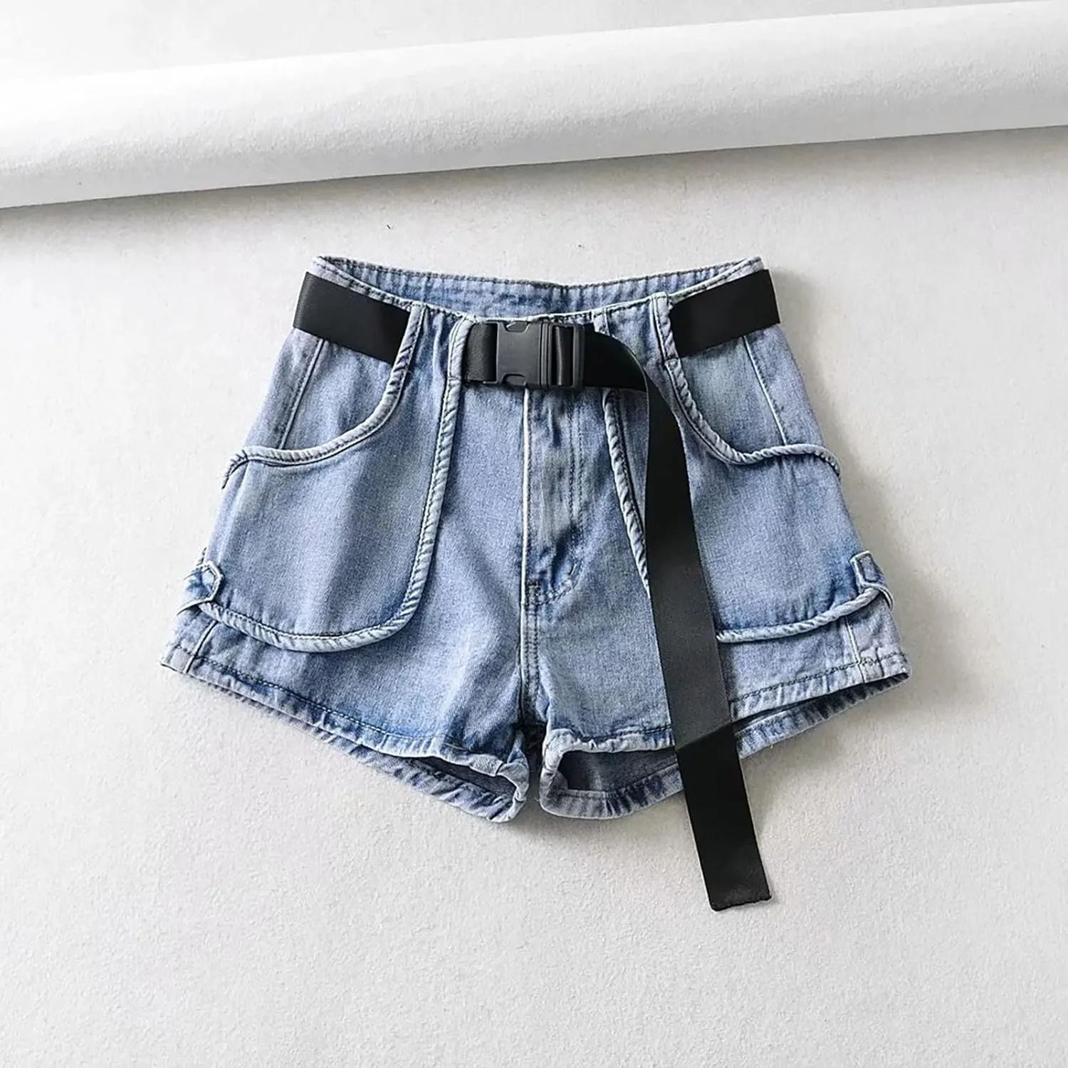 Women's Summer Wide Leg A Line Hot Shorts with Belt Denim High Waisted Drawstring Jeans Shorts with Women's Bike