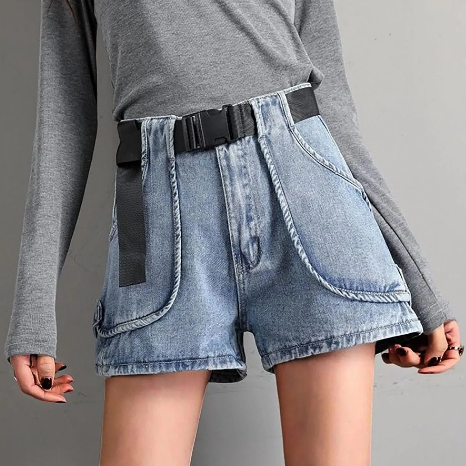 Women's Summer Wide Leg A Line Hot Shorts with Belt Denim High Waisted Drawstring Jeans Shorts with Women's Bike
