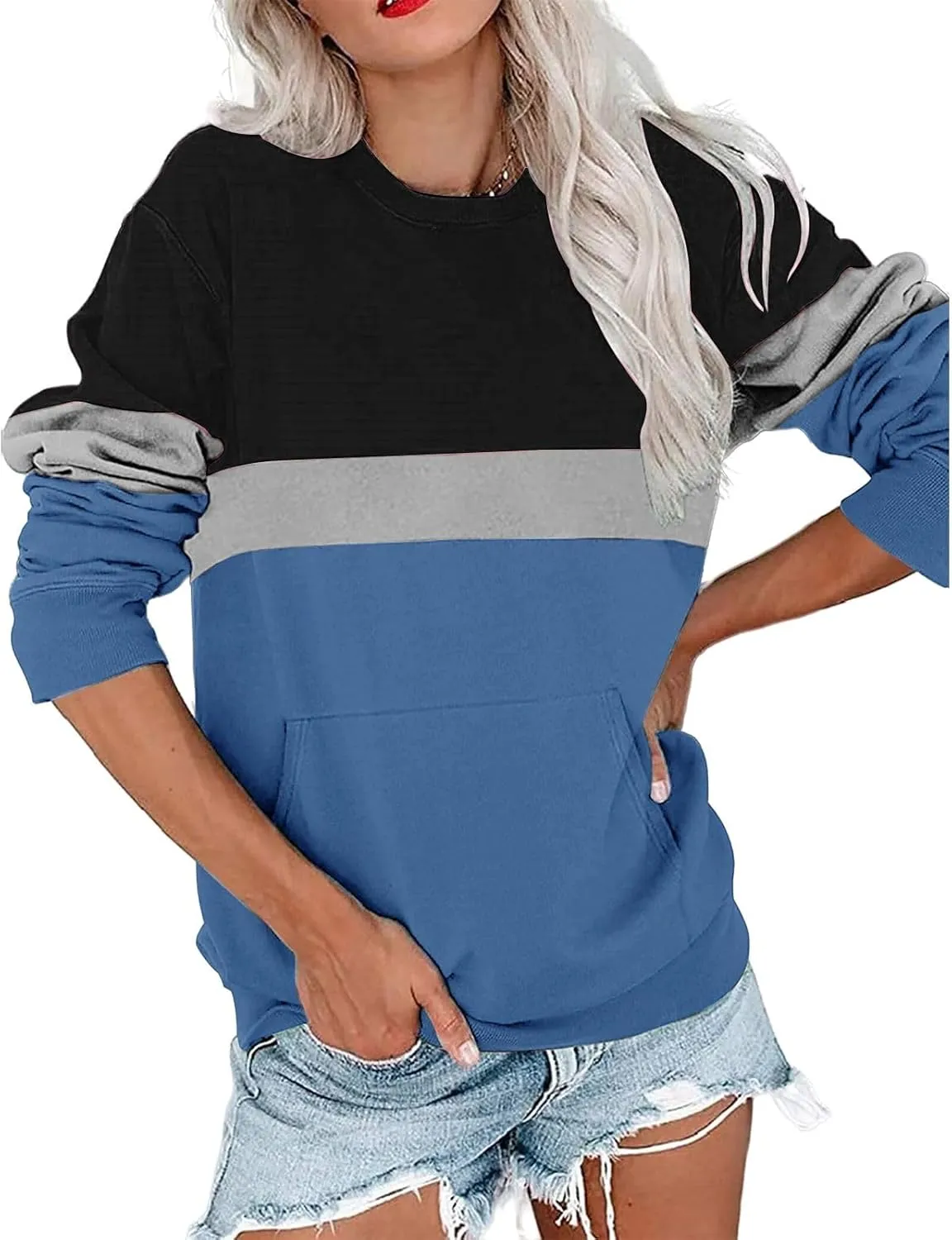 Women's Sweatshirts Casual Long Sleeve Color Block Tops Crewneck Pullover Sweatshirts Lightweight Tops with Pockets