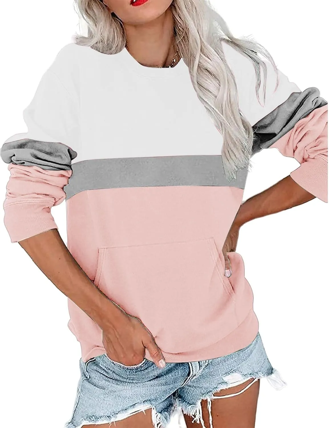 Women's Sweatshirts Casual Long Sleeve Color Block Tops Crewneck Pullover Sweatshirts Lightweight Tops with Pockets