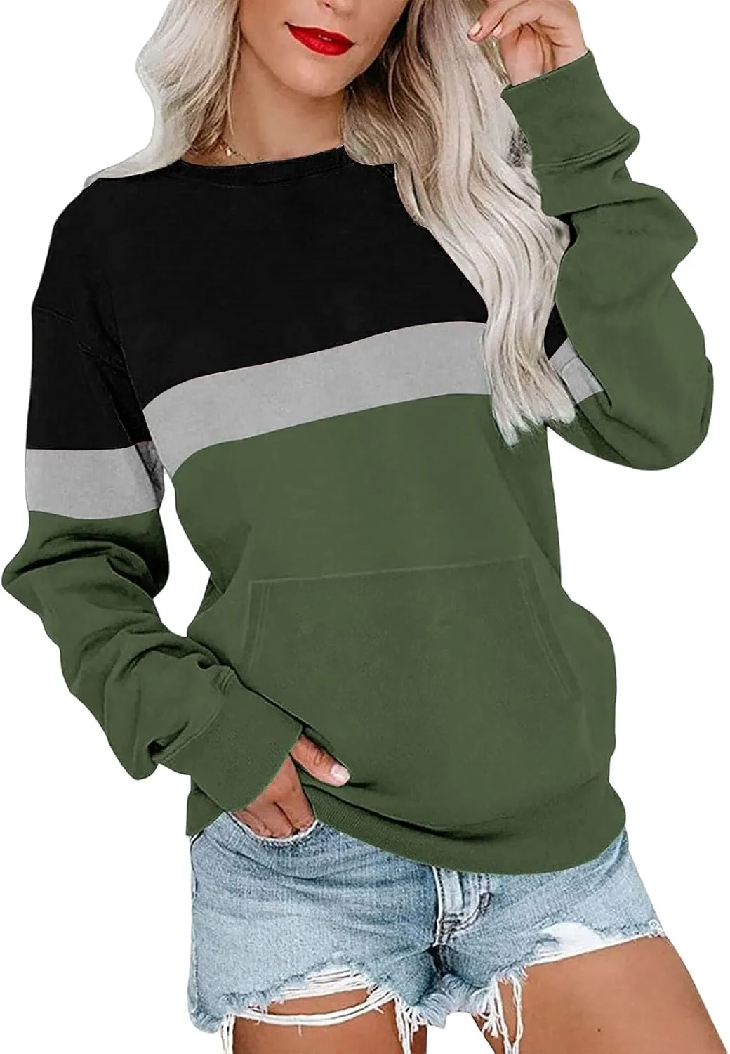 Women's Sweatshirts Casual Long Sleeve Color Block Tops Crewneck Pullover Sweatshirts Lightweight Tops with Pockets