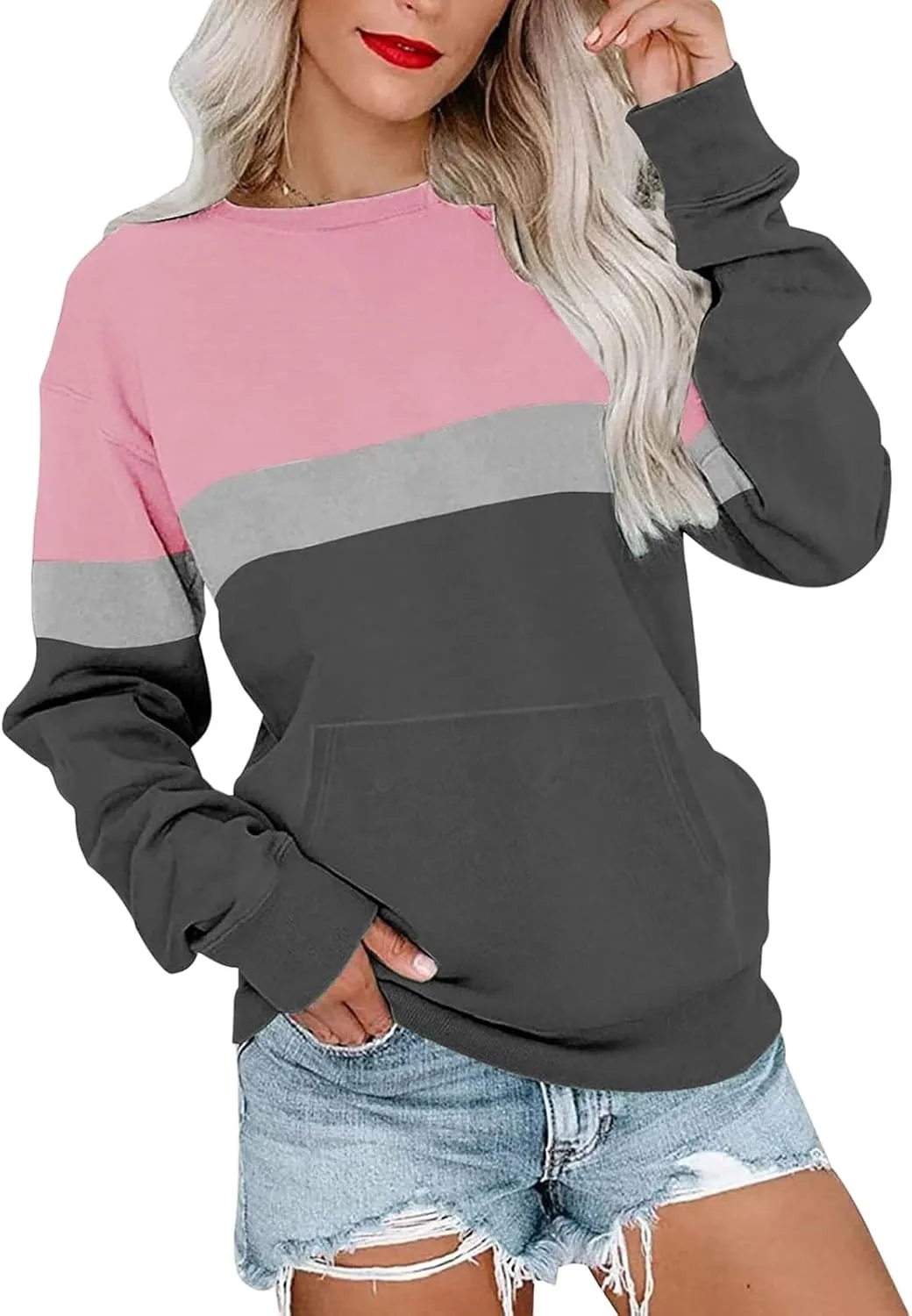 Women's Sweatshirts Casual Long Sleeve Color Block Tops Crewneck Pullover Sweatshirts Lightweight Tops with Pockets