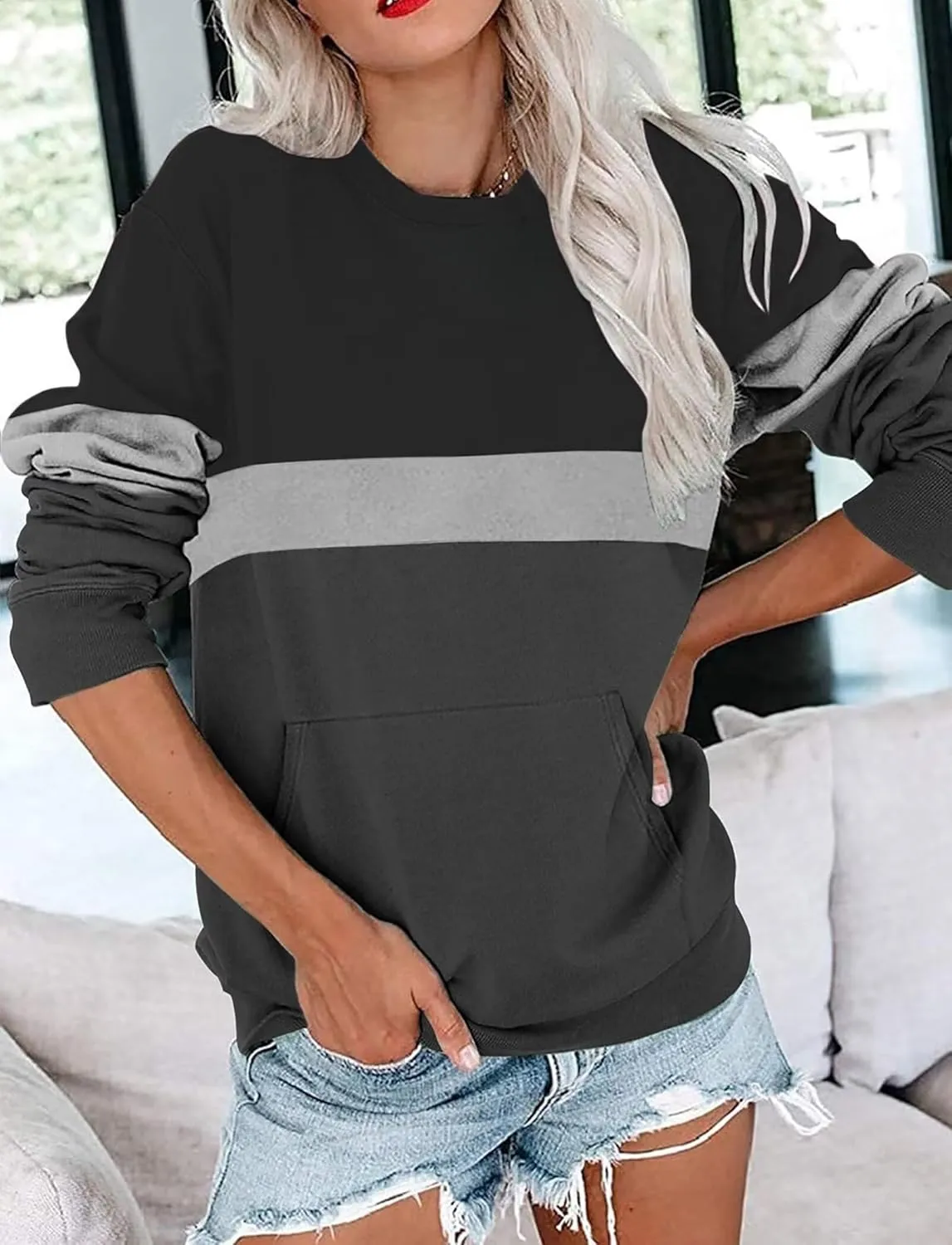 Women's Sweatshirts Casual Long Sleeve Color Block Tops Crewneck Pullover Sweatshirts Lightweight Tops with Pockets