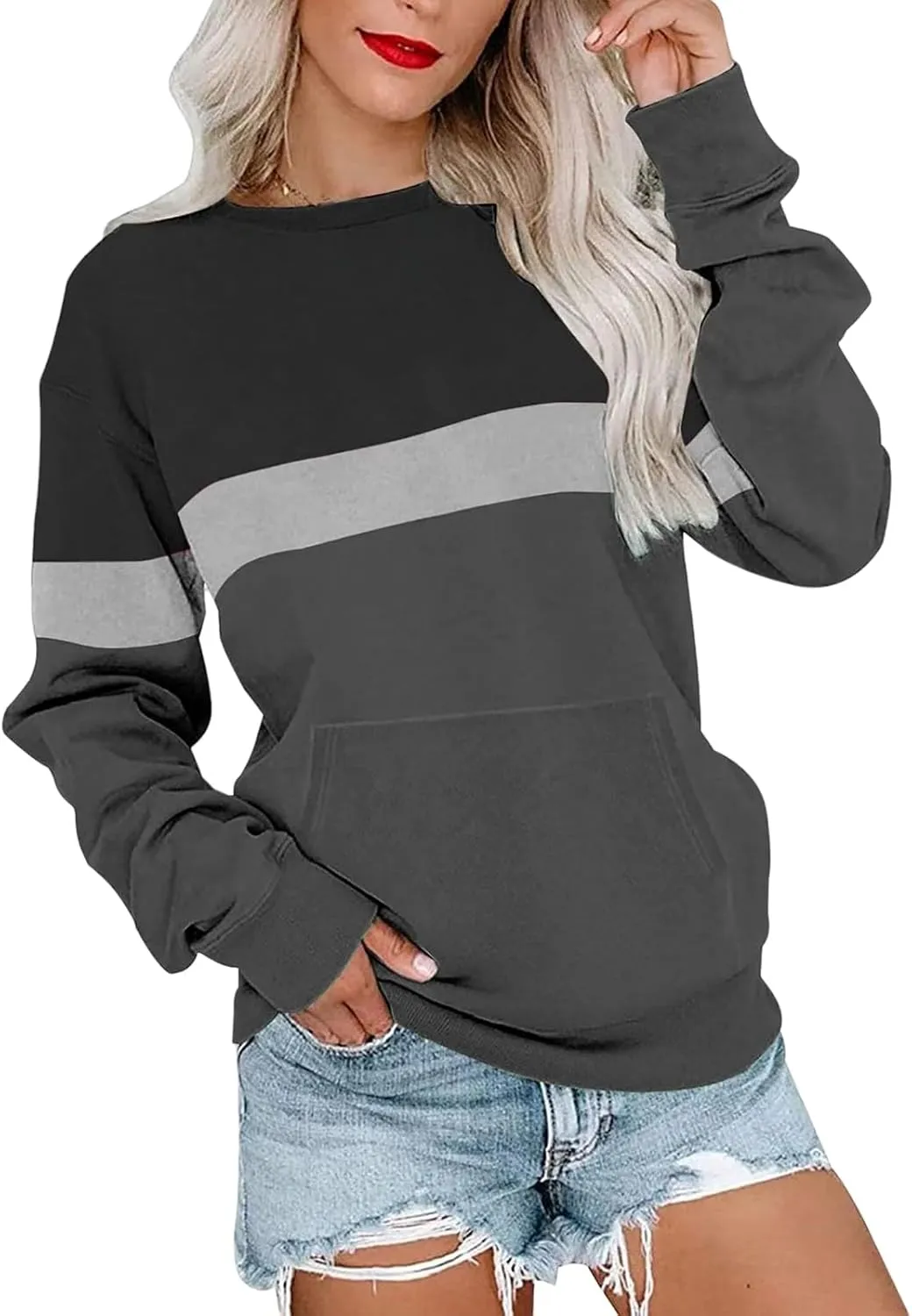 Women's Sweatshirts Casual Long Sleeve Color Block Tops Crewneck Pullover Sweatshirts Lightweight Tops with Pockets