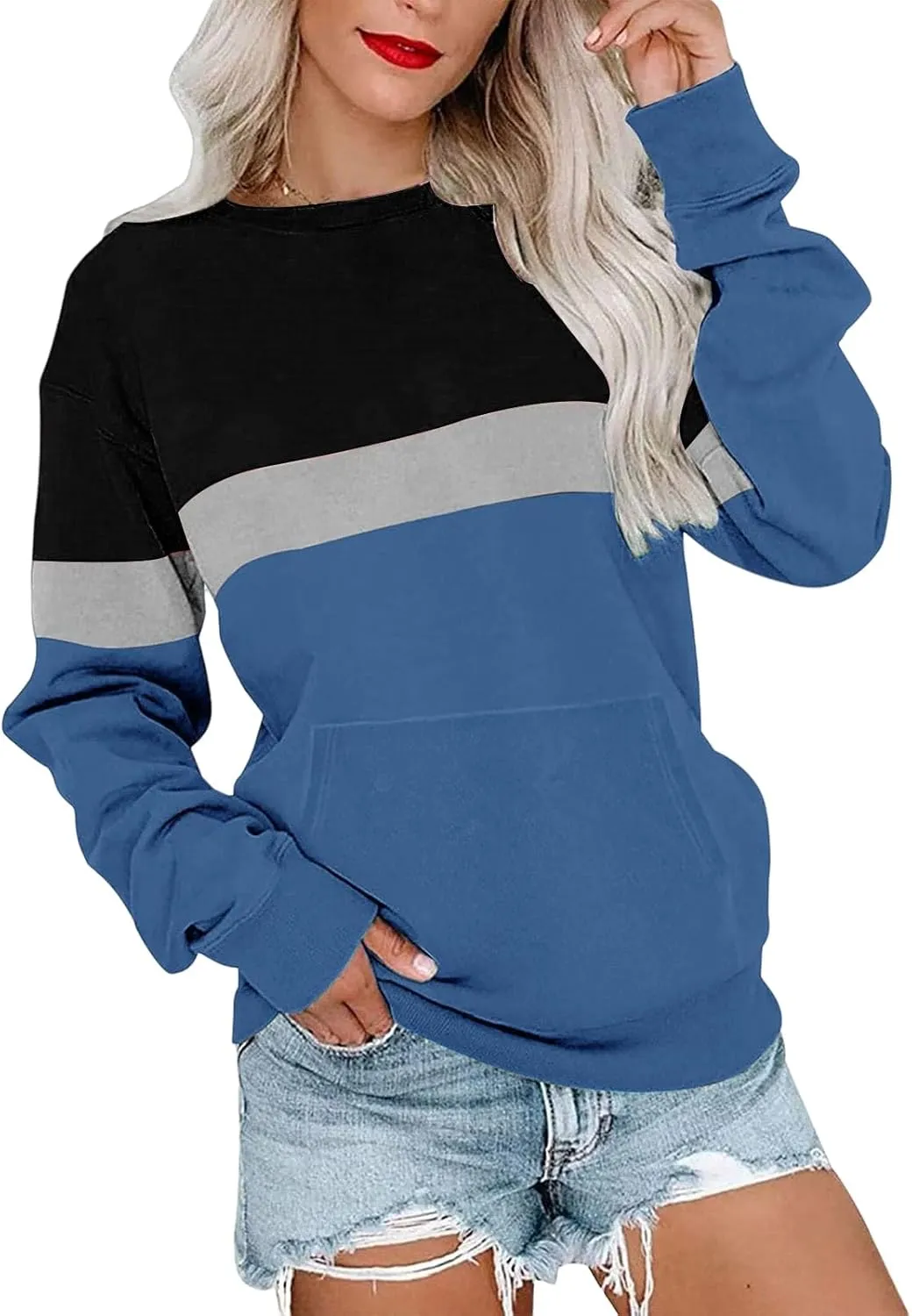 Women's Sweatshirts Casual Long Sleeve Color Block Tops Crewneck Pullover Sweatshirts Lightweight Tops with Pockets