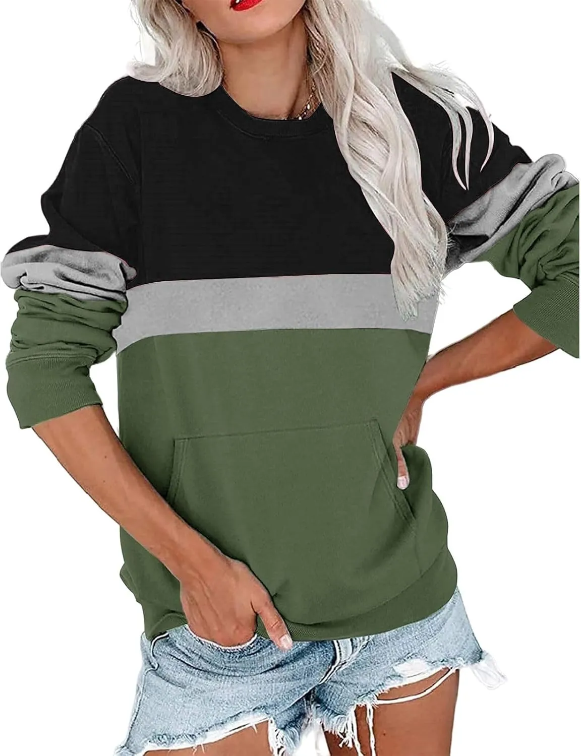 Women's Sweatshirts Casual Long Sleeve Color Block Tops Crewneck Pullover Sweatshirts Lightweight Tops with Pockets