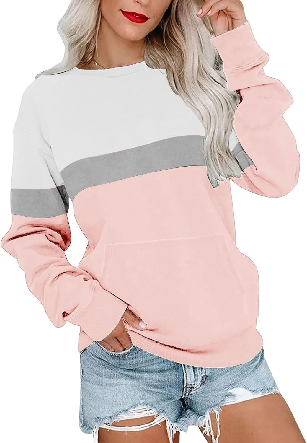 Women's Sweatshirts Casual Long Sleeve Color Block Tops Crewneck Pullover Sweatshirts Lightweight Tops with Pockets