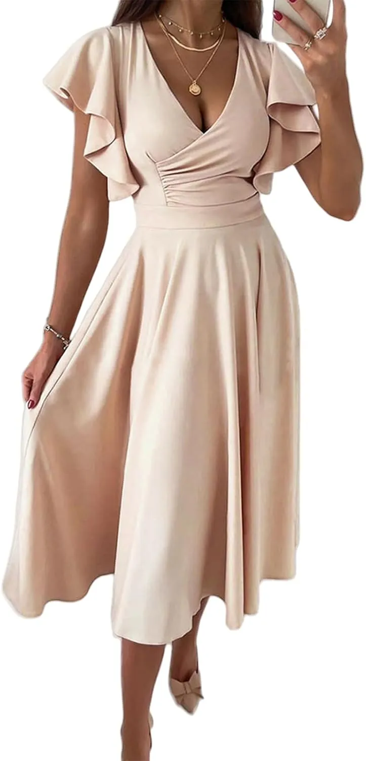 Womens V Neck Dress Ruffle Cap Sleeve Warp Elegant Midi Dress Summer Swing A Line Flared Cocktail Party Guest Dresses