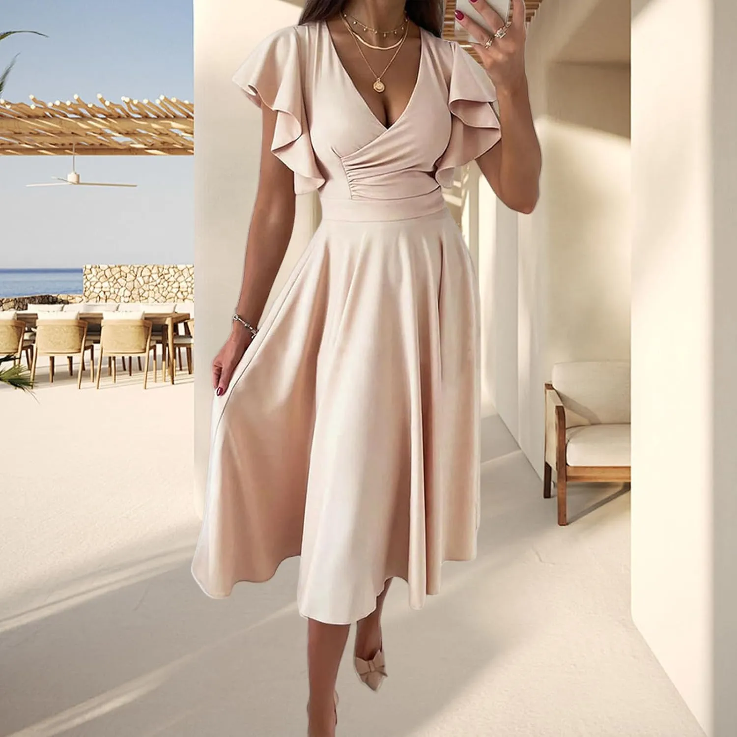 Womens V Neck Dress Ruffle Cap Sleeve Warp Elegant Midi Dress Summer Swing A Line Flared Cocktail Party Guest Dresses