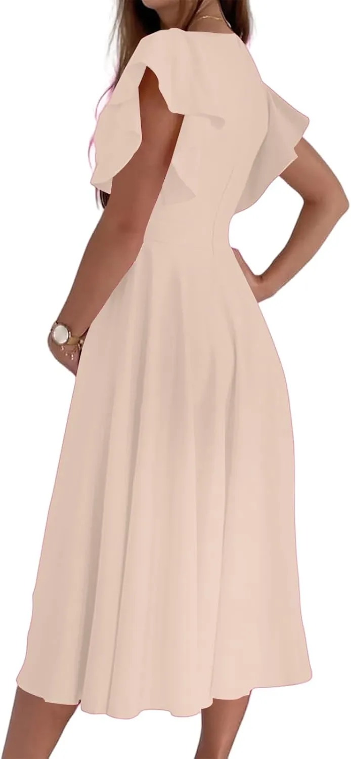 Womens V Neck Dress Ruffle Cap Sleeve Warp Elegant Midi Dress Summer Swing A Line Flared Cocktail Party Guest Dresses