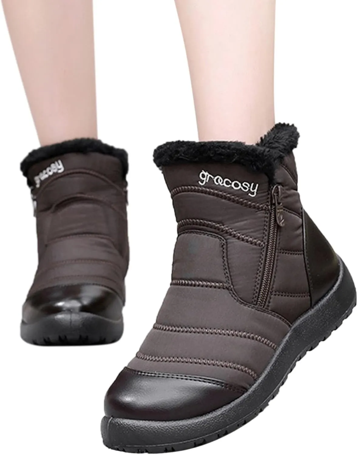 Womens Warm Fleece Lined Winter Snow Boots Water-proof Ankle Boots for Women Outdoor Booties Comfortable Shoes for Women Slip On Short Boots Lightweight Anti-Slip Shoes with Side Zipper