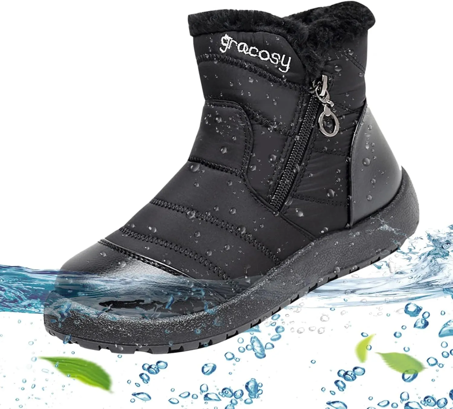 Womens Warm Fleece Lined Winter Snow Boots Water-proof Ankle Boots for Women Outdoor Booties Comfortable Shoes for Women Slip On Short Boots Lightweight Anti-Slip Shoes with Side Zipper