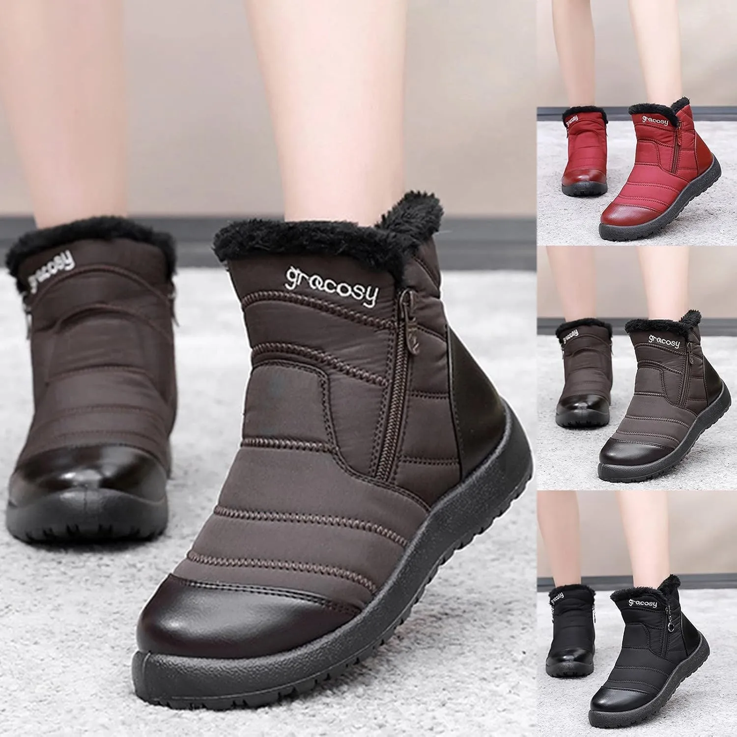 Womens Warm Fleece Lined Winter Snow Boots Water-proof Ankle Boots for Women Outdoor Booties Comfortable Shoes for Women Slip On Short Boots Lightweight Anti-Slip Shoes with Side Zipper