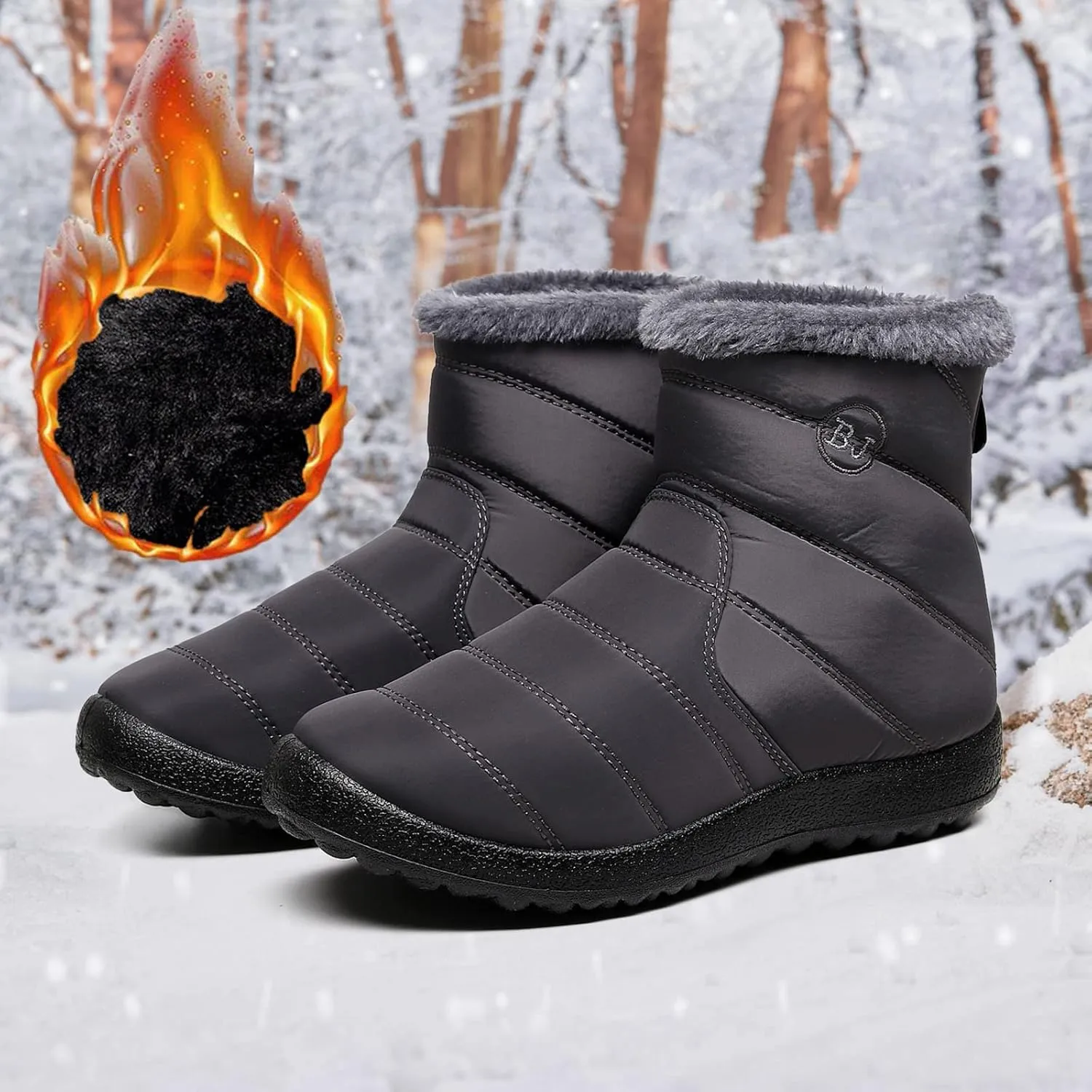 Womens Warm Fleece Lined Winter Snow Boots Water-proof Ankle Boots Outdoor Booties Comfortable Shoes for Women Slip On Walking Shoes Zip Up Flat Boots Anti-Slip Shoes for Christmas Party
