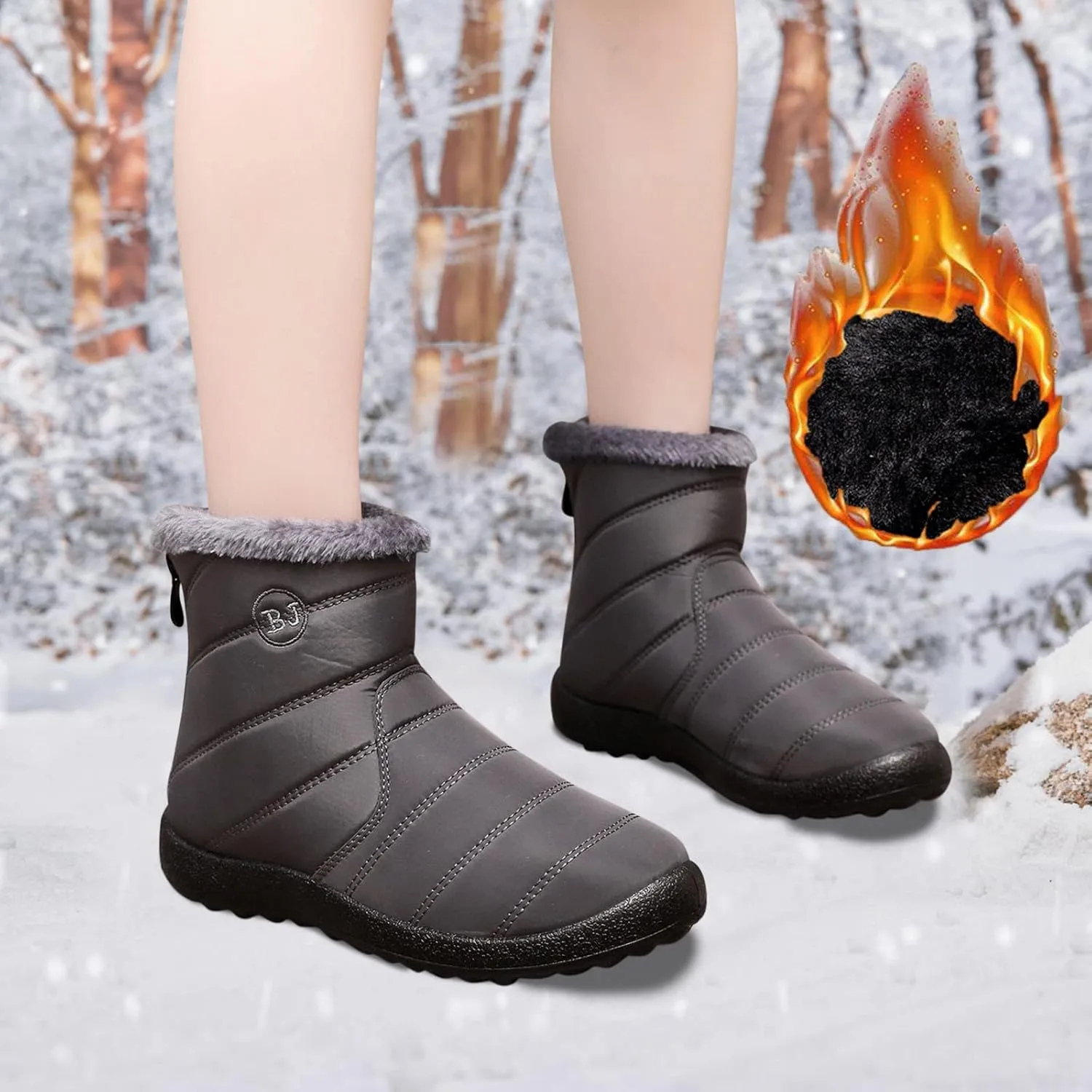 Womens Warm Fleece Lined Winter Snow Boots Water-proof Ankle Boots Outdoor Booties Comfortable Shoes for Women Slip On Walking Shoes Zip Up Flat Boots Anti-Slip Shoes for Christmas Party