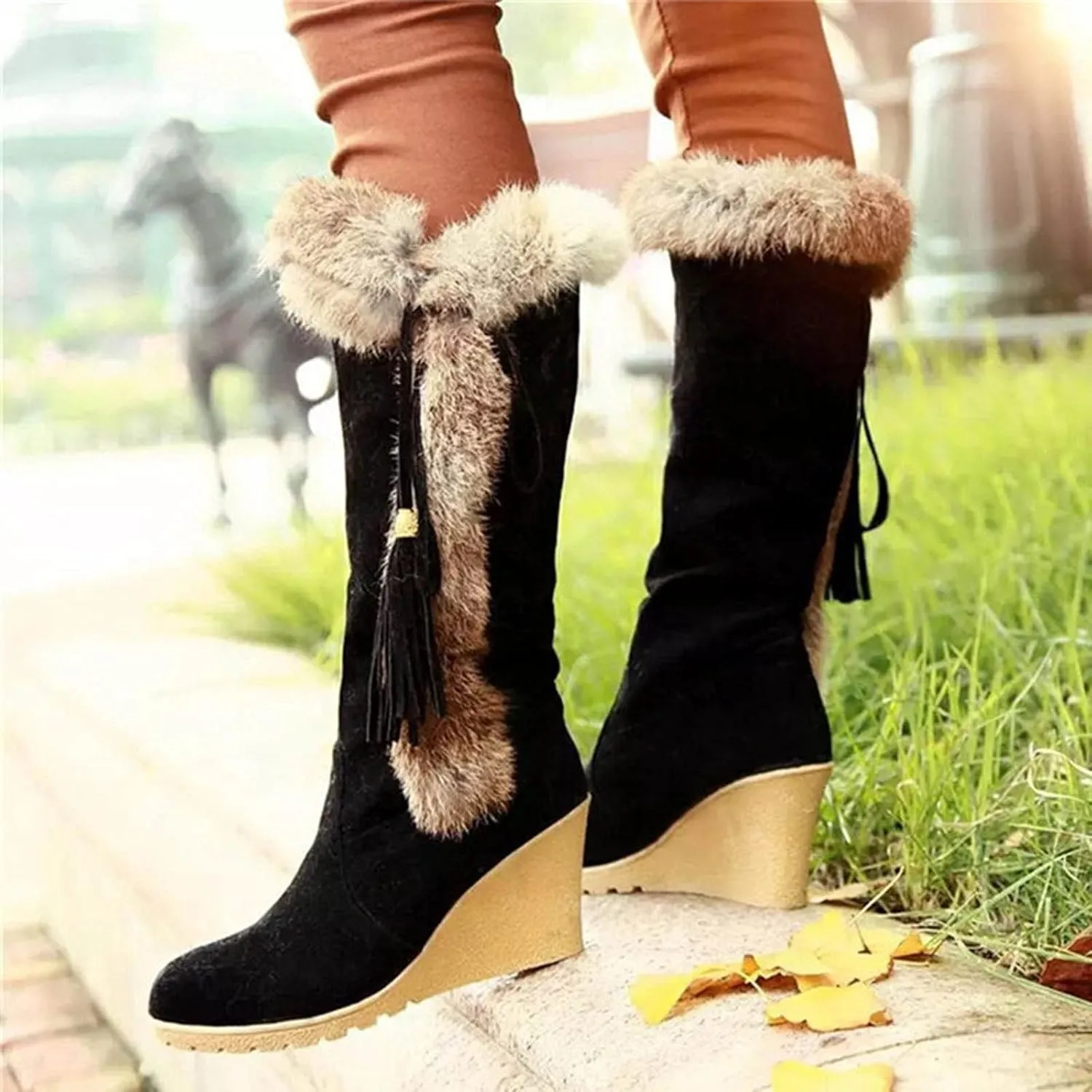 Women's Wedge Bootie - Knee Length Winter Snow Boots For Women Fashion Vintage Boho Fringe Tassel Lace Up Fur Suede High Heels Knee High Boots Thermal Furry Long Tall Boots Arch Support