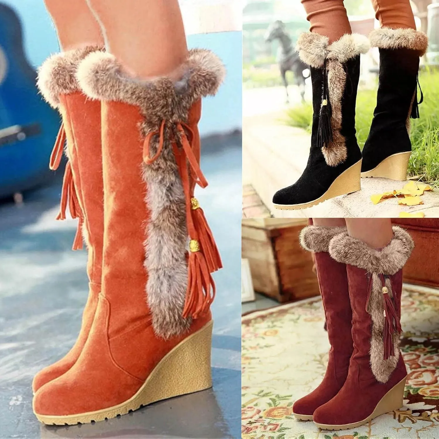 Women's Wedge Bootie - Knee Length Winter Snow Boots For Women Fashion Vintage Boho Fringe Tassel Lace Up Fur Suede High Heels Knee High Boots Thermal Furry Long Tall Boots Arch Support