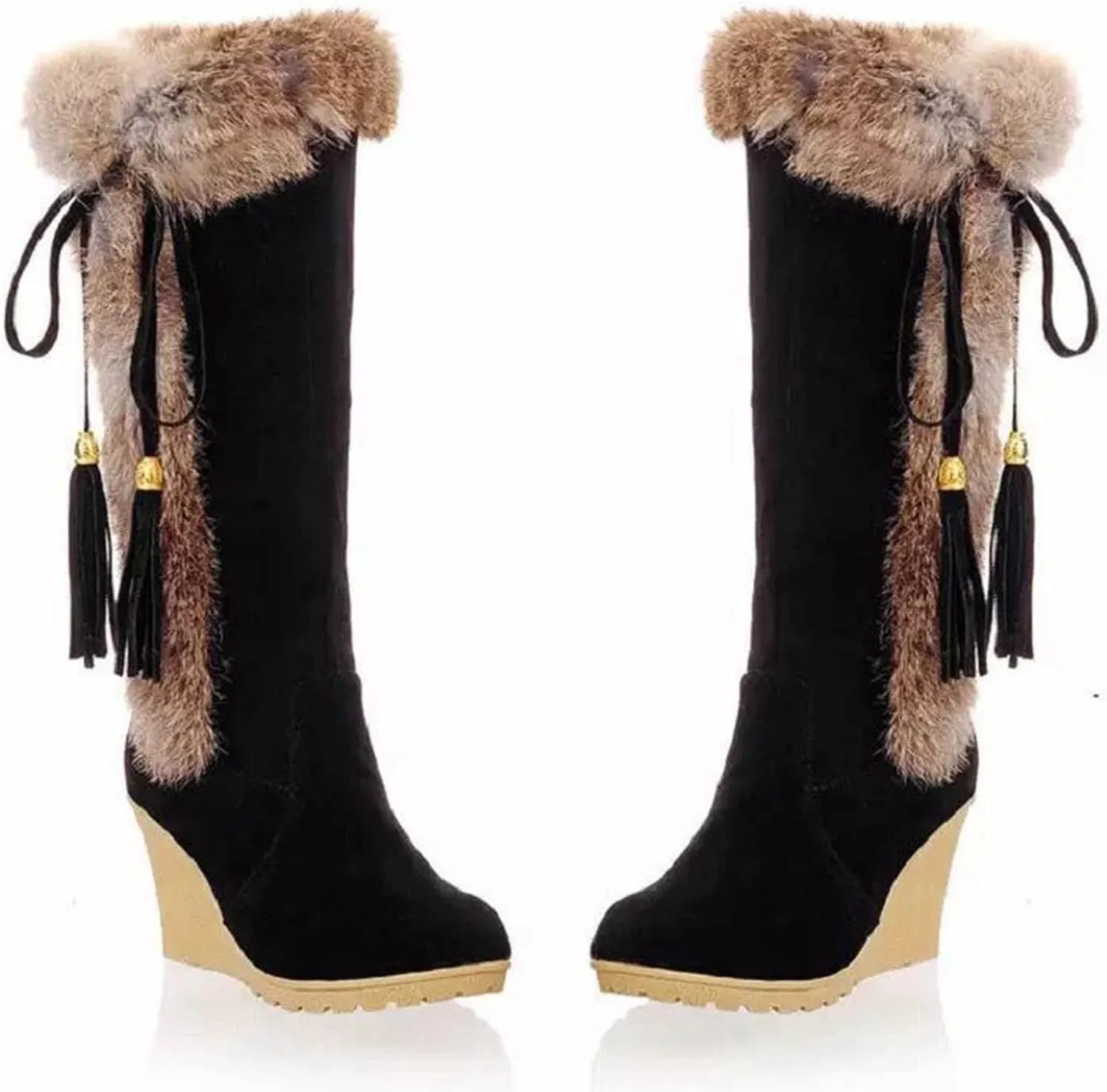 Women's Wedge Bootie - Knee Length Winter Snow Boots For Women Fashion Vintage Boho Fringe Tassel Lace Up Fur Suede High Heels Knee High Boots Thermal Furry Long Tall Boots Arch Support
