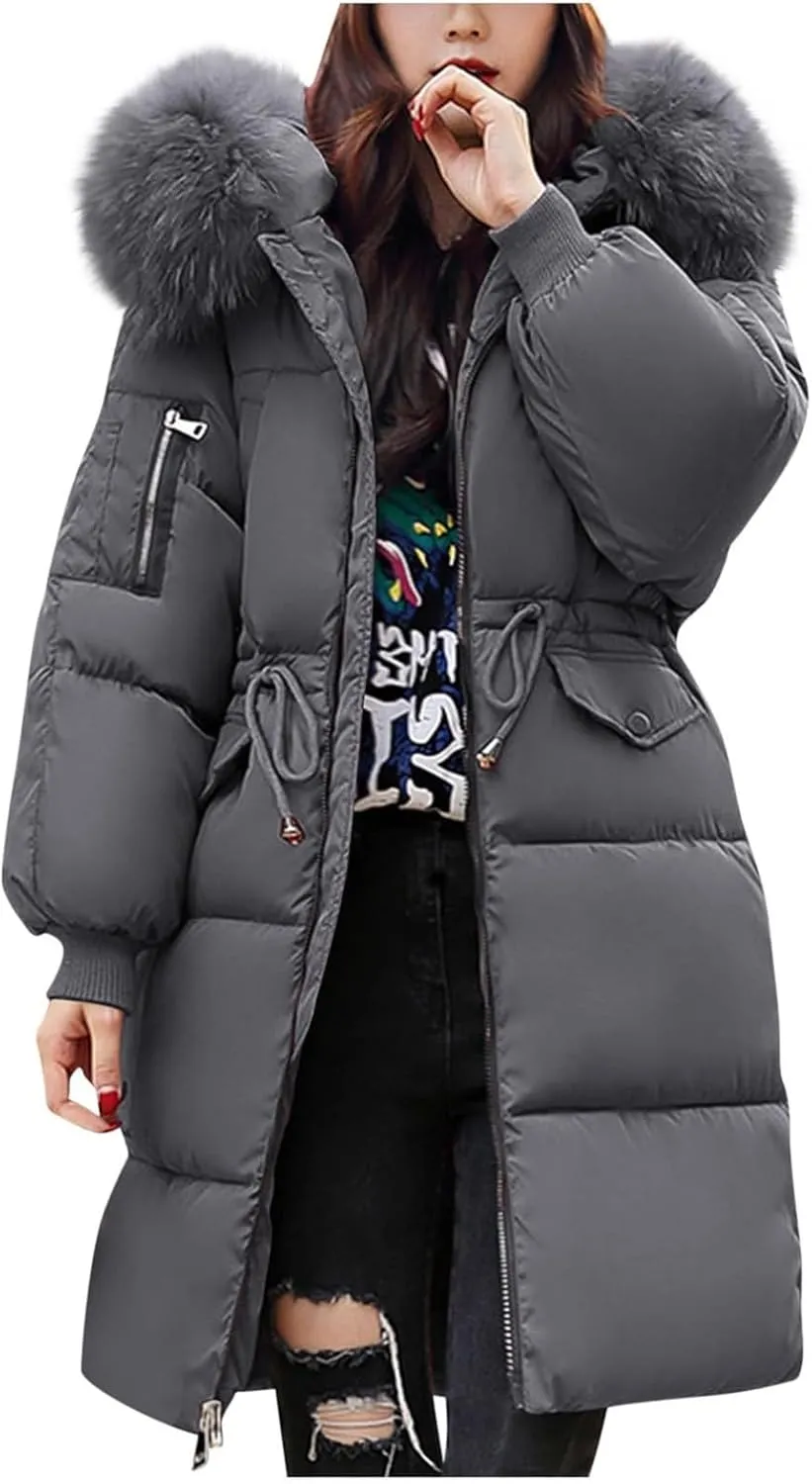 Womens Winter Coats Warm Parkas Hooded Down Padded Winter Jackets Long Quilted Puffer Jacket Coat with Fur Hood