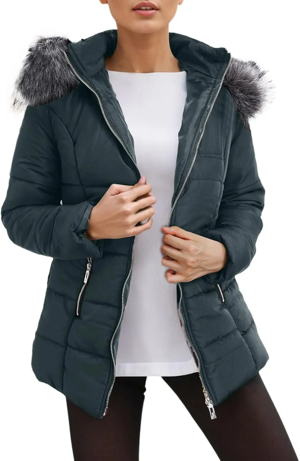 Women's Winter Down Coats Fashion Windproof Warm Waterproof Thicken Zip Up Puffer Jackets Parkas with Faux Fur Hood