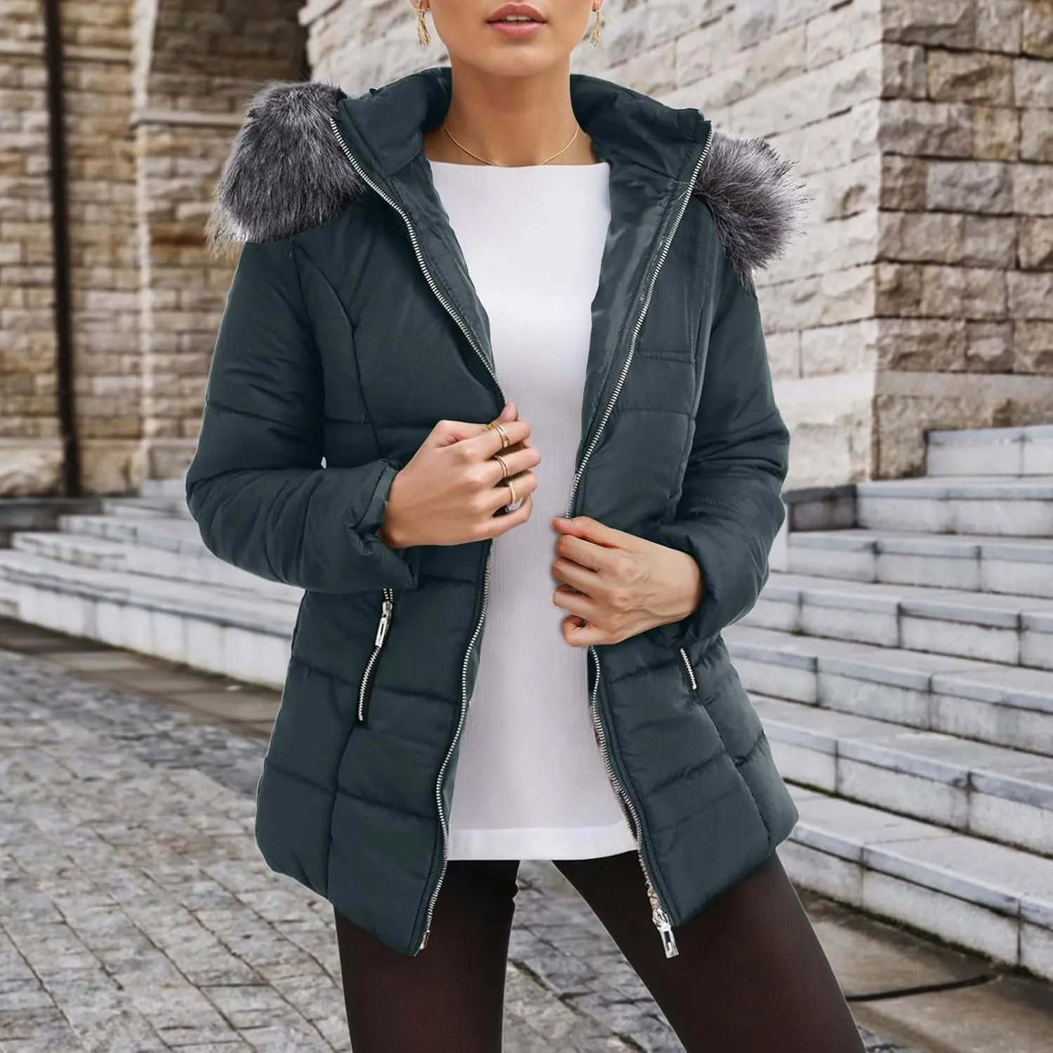 Women's Winter Down Coats Fashion Windproof Warm Waterproof Thicken Zip Up Puffer Jackets Parkas with Faux Fur Hood