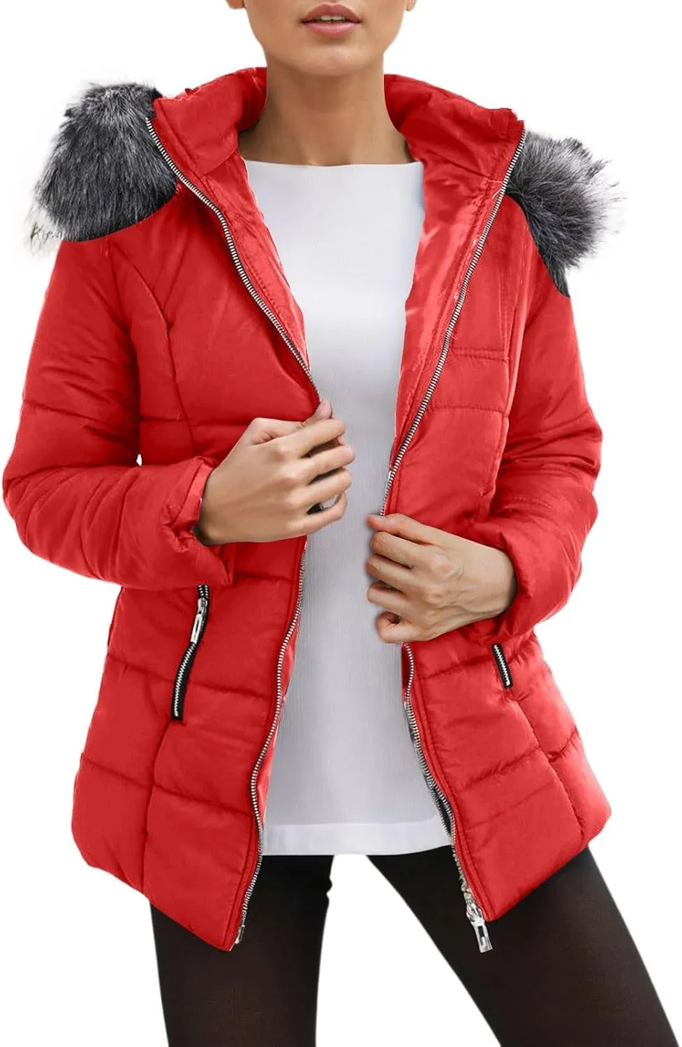 Women's Winter Down Coats Zip Up Windproof Warm Waterproof Thicken Fashion Puffer Jackets Parkas with Faux Fur Hood