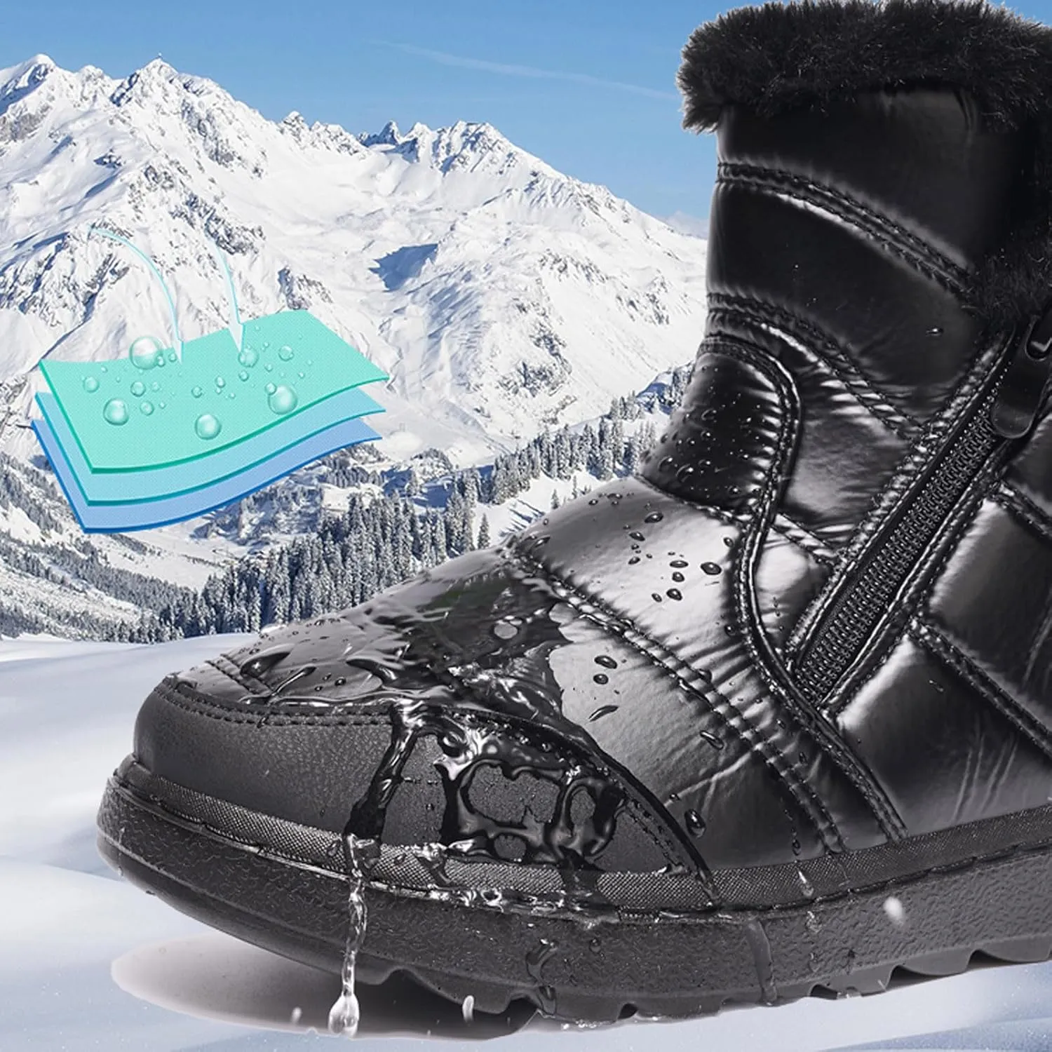 Women's Winter Snow Boots Warm Fleece Lined Ankle Boots Water-proof Mid Calf Booties Comfortable Outdoor Non-Slip Shoes Round Toe Chunky Heel Platform Boots Fashion Sneakers with Side Zipper