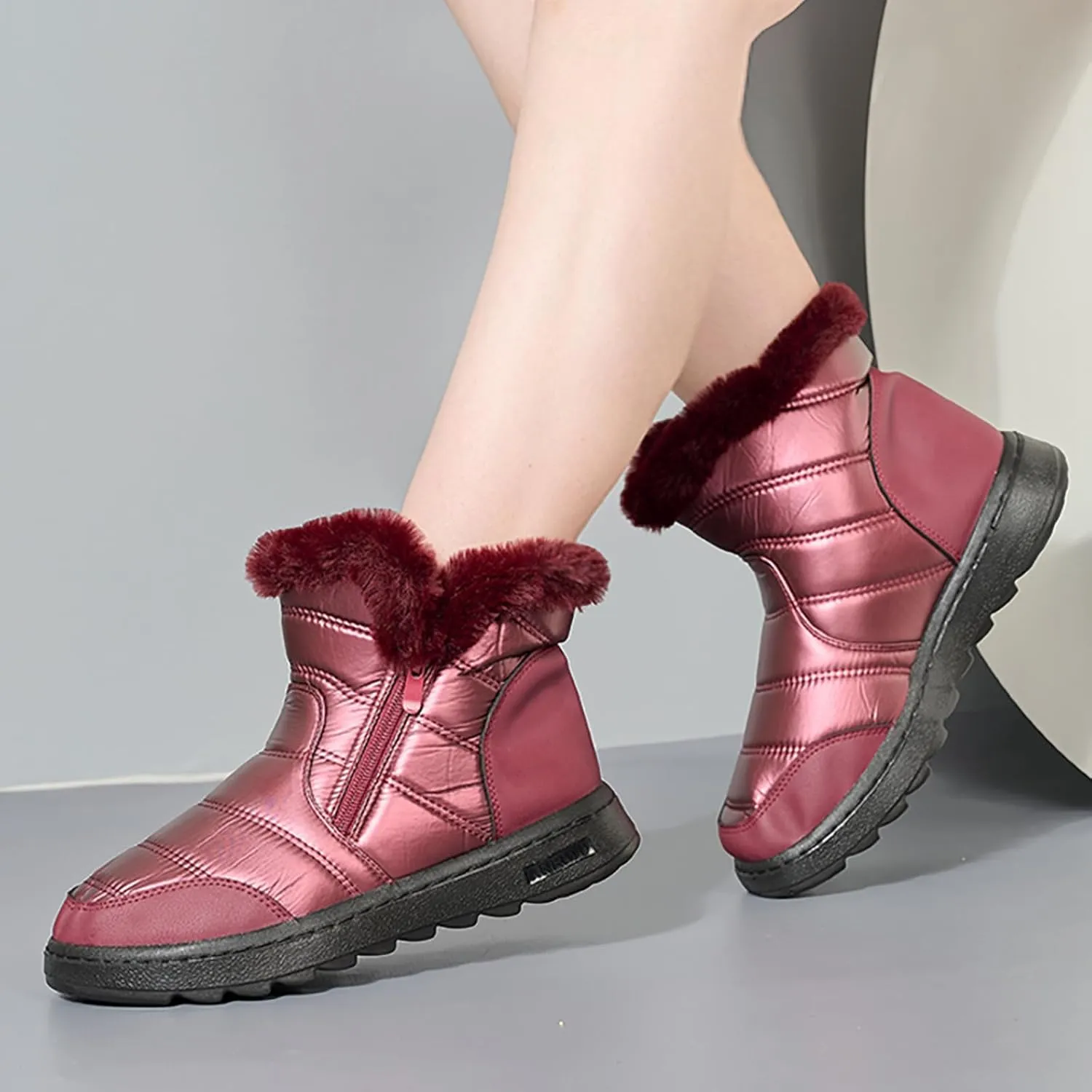 Women's Winter Snow Boots Warm Fleece Lined Ankle Boots Water-proof Mid Calf Booties Comfortable Outdoor Non-Slip Shoes Round Toe Chunky Heel Platform Boots Fashion Sneakers with Side Zipper