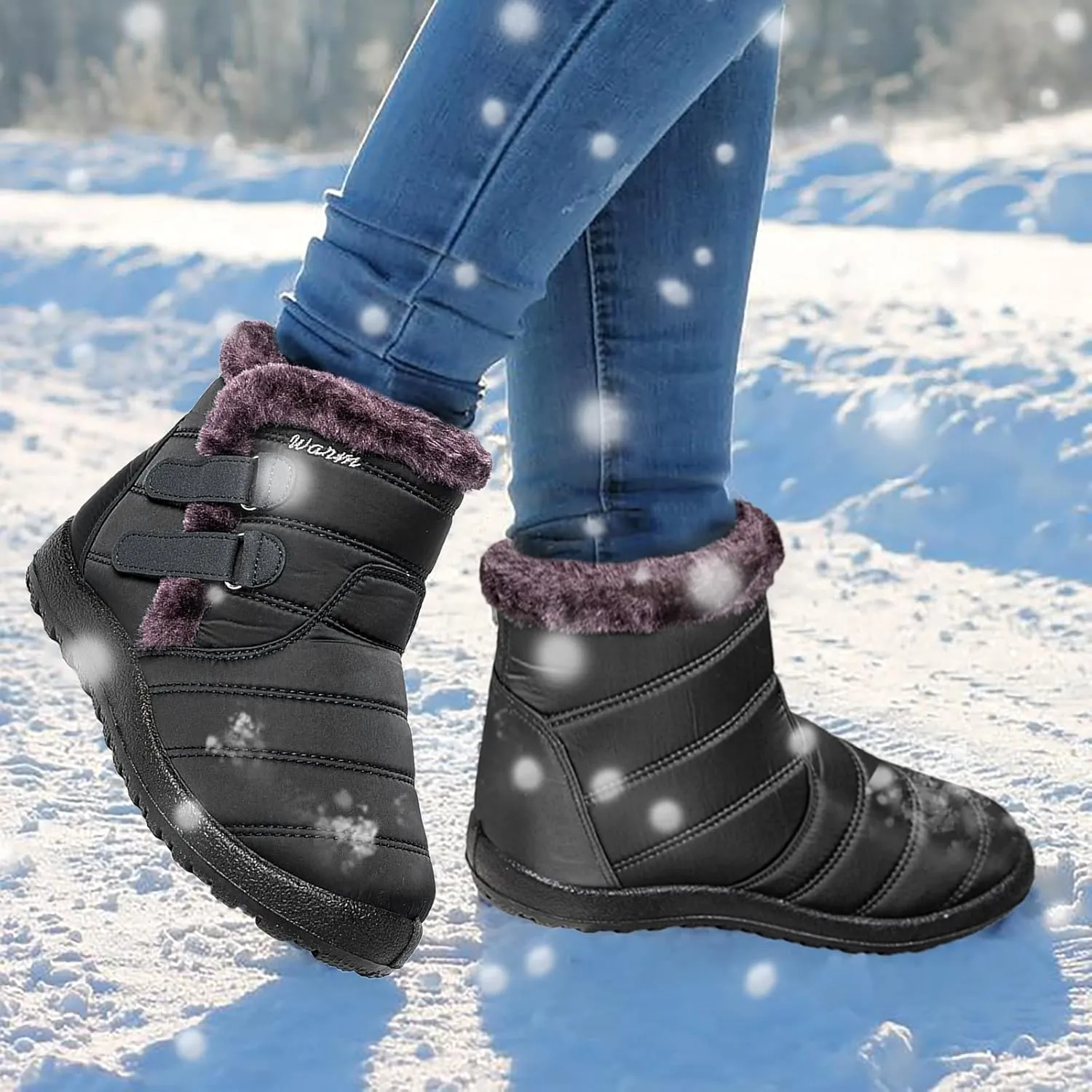 Womens Winter Snow Boots Warm Fleece Lined Short Boots for Women Anti Slip Booties with Double Hook Loop Comfortable Outdoor Shoes for Women Slip On Ankle Booties Mid Calf Boots