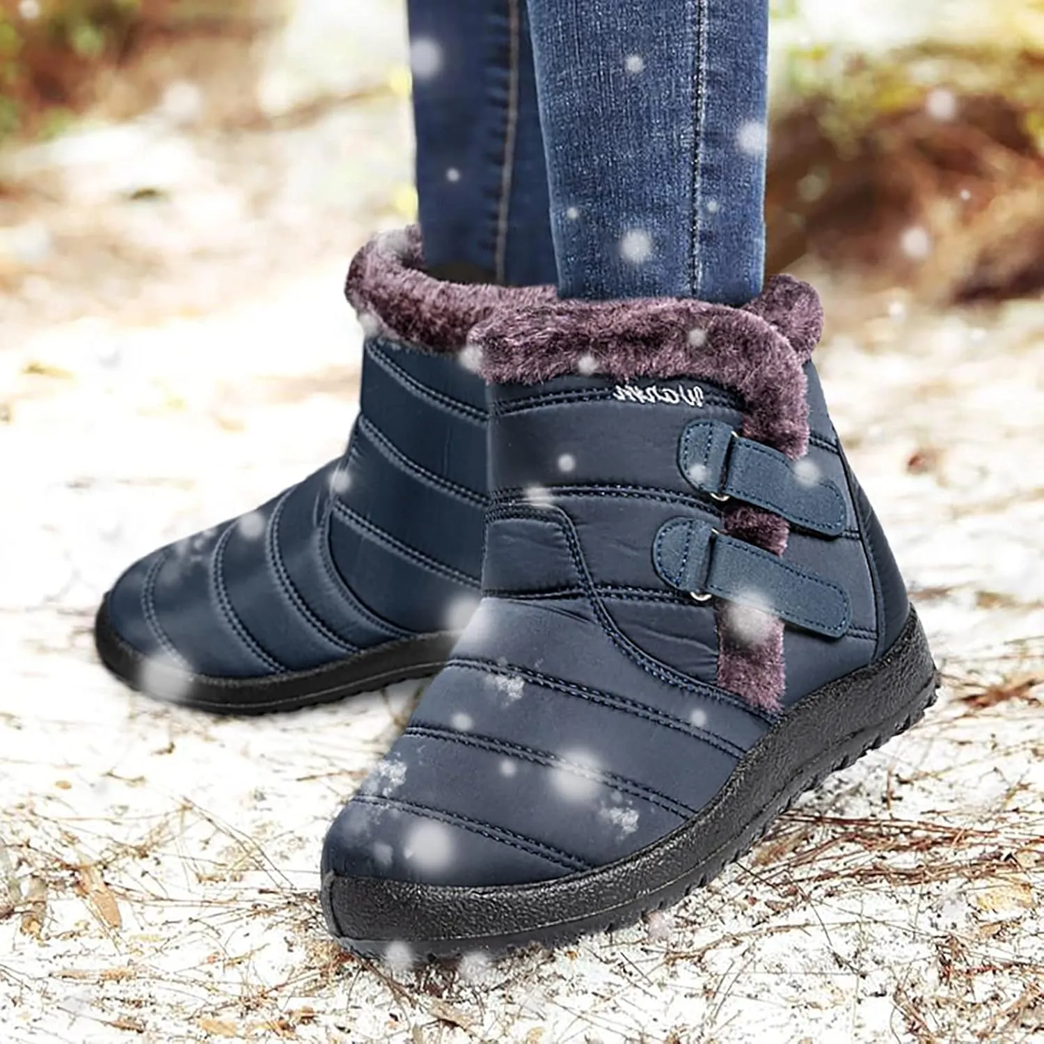 Womens Winter Snow Boots Warm Fleece Lined Short Boots for Women Anti Slip Booties with Double Hook Loop Comfortable Outdoor Shoes for Women Slip On Ankle Booties Mid Calf Boots