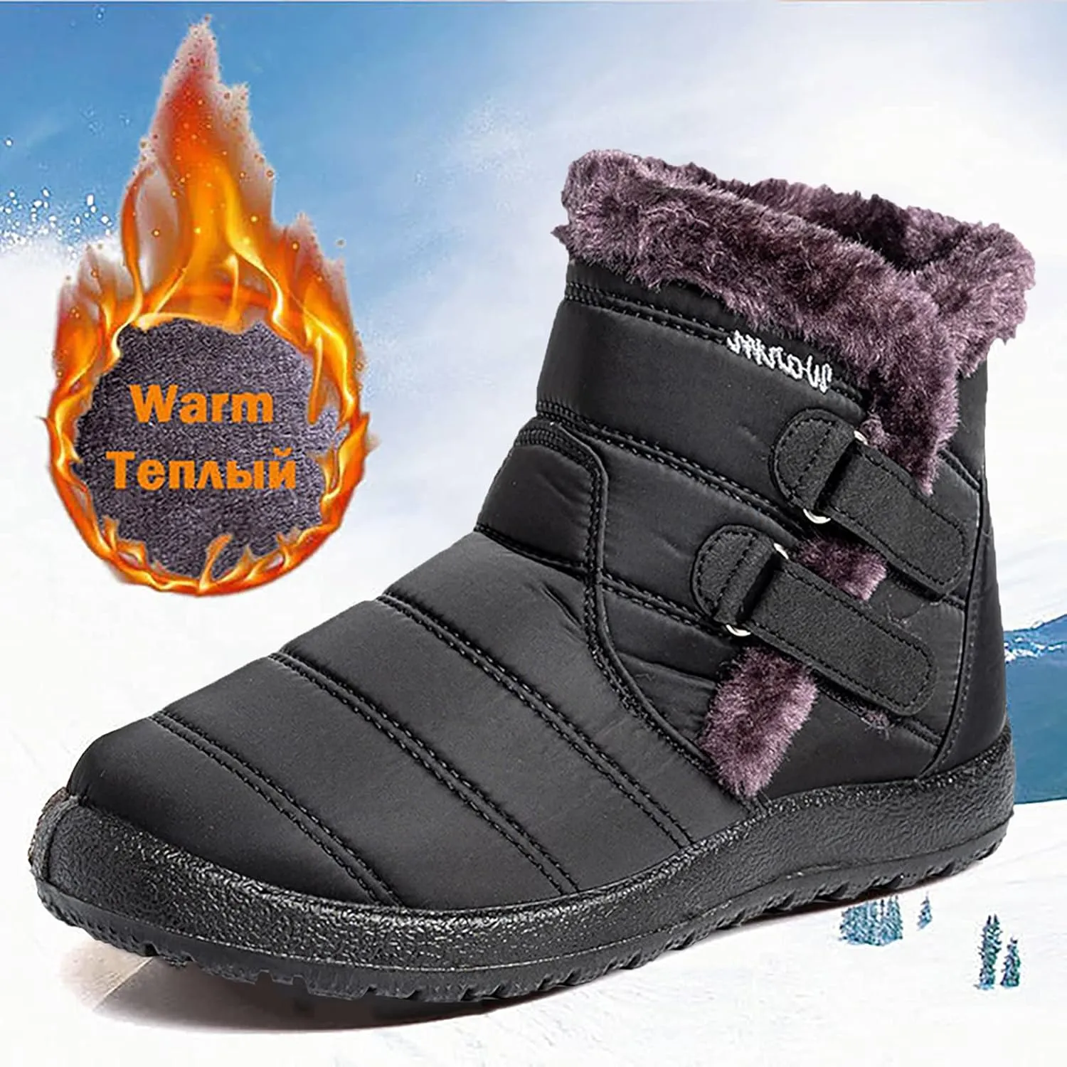Womens Winter Snow Boots Warm Fleece Lined Short Boots for Women Anti Slip Booties with Double Hook Loop Comfortable Outdoor Shoes for Women Slip On Ankle Booties Mid Calf Boots