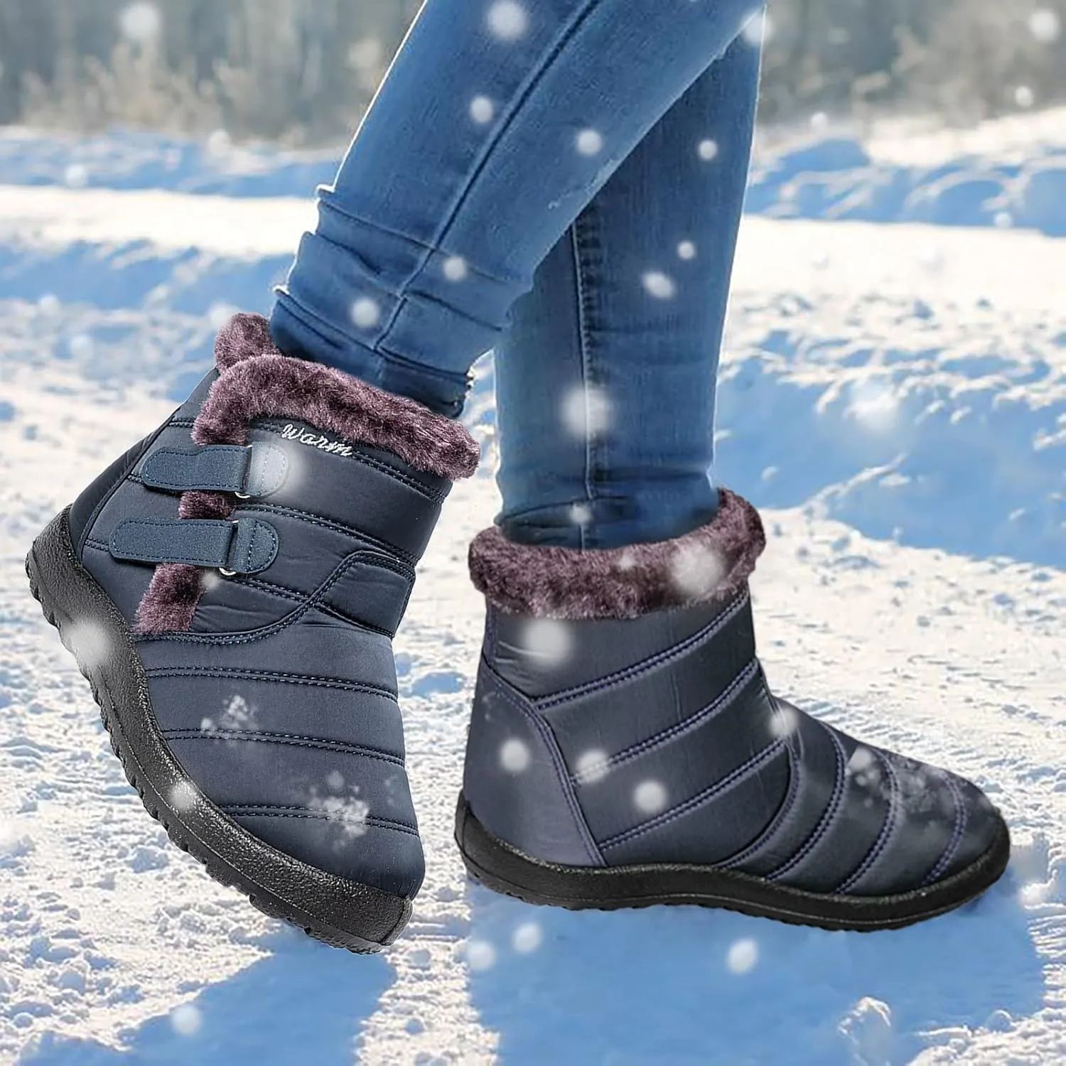 Womens Winter Snow Boots Warm Fleece Lined Short Boots for Women Anti Slip Booties with Double Hook Loop Comfortable Outdoor Shoes for Women Slip On Ankle Booties Mid Calf Boots