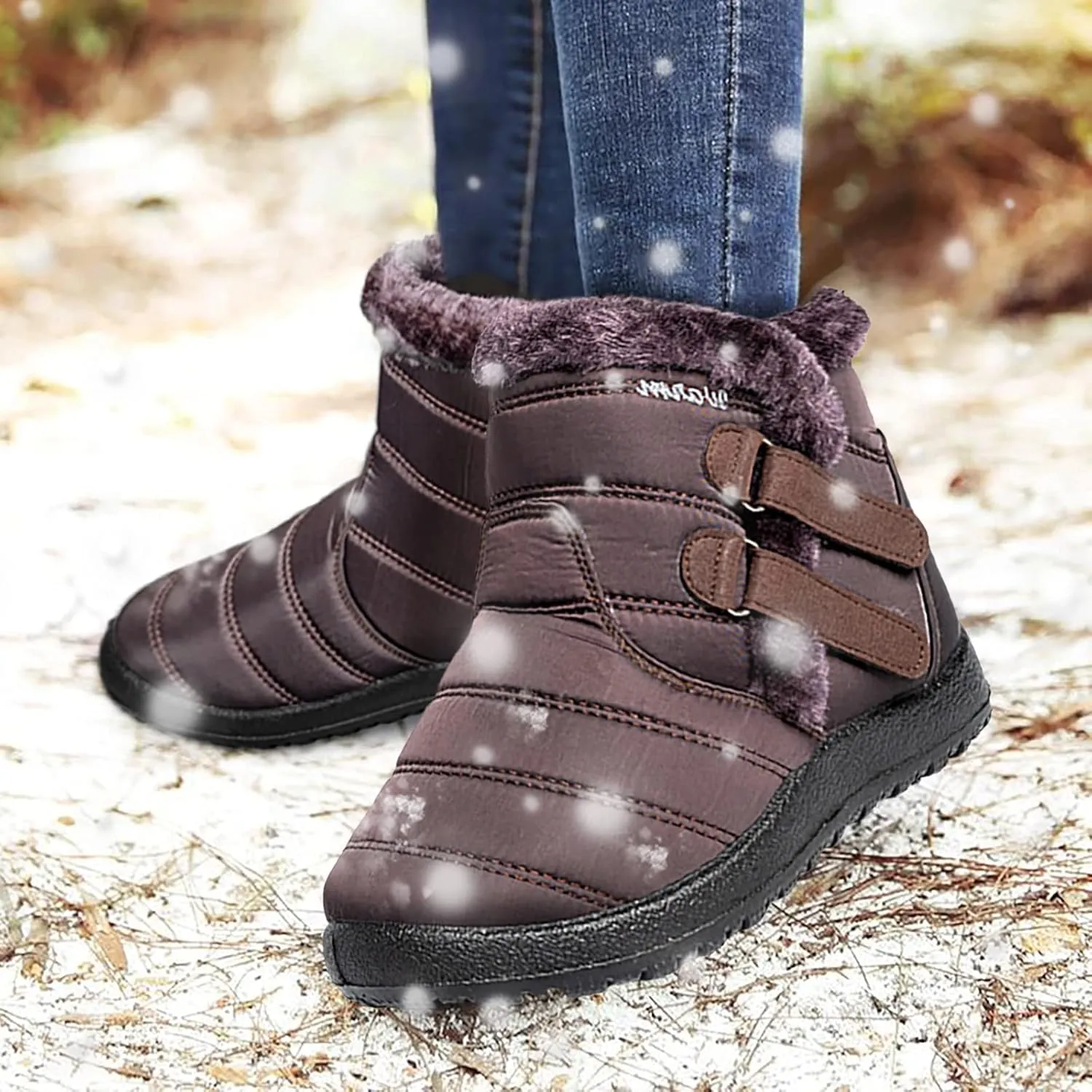Womens Winter Snow Boots Warm Fleece Lined Short Boots for Women Anti Slip Booties with Double Hook Loop Comfortable Outdoor Shoes for Women Slip On Ankle Booties Mid Calf Boots