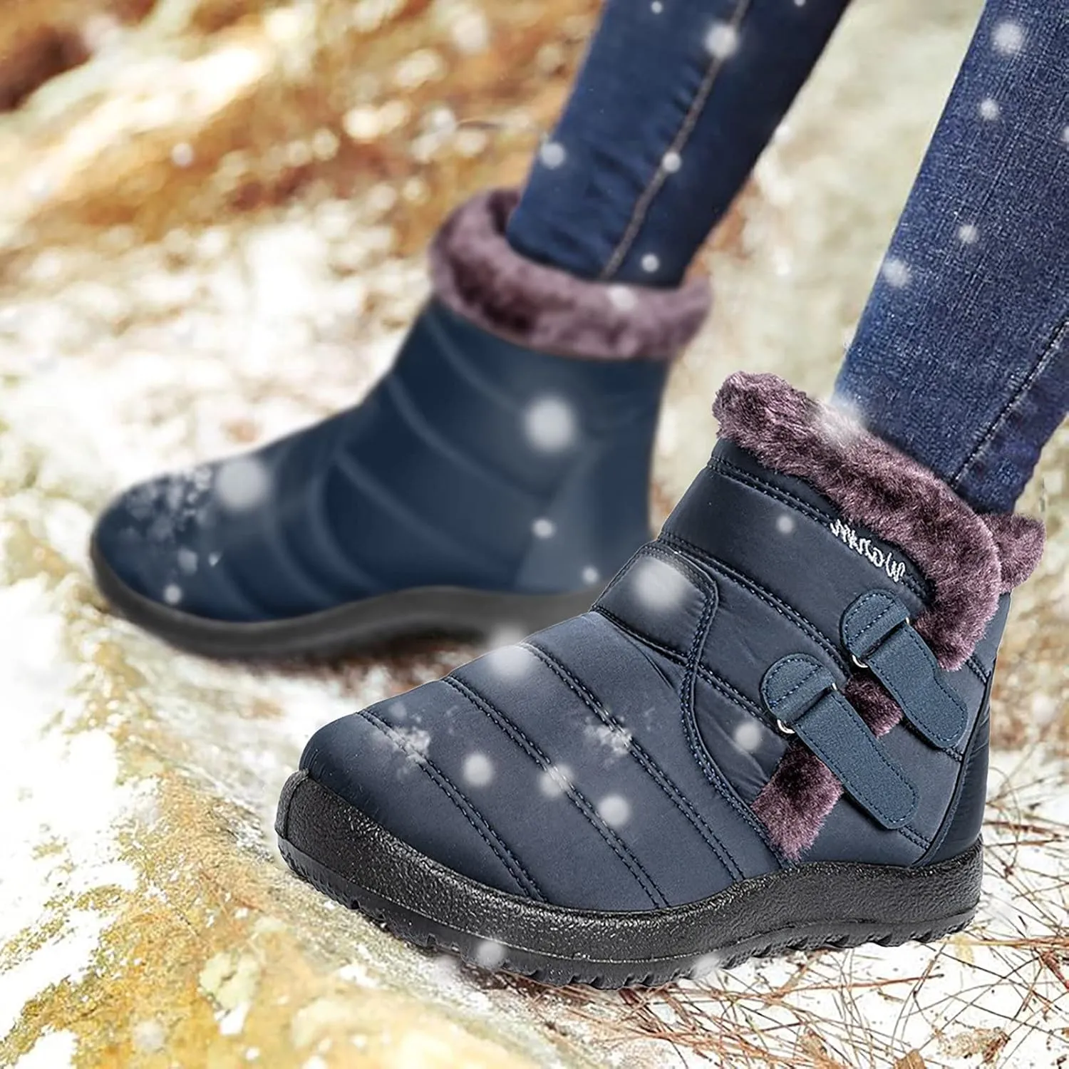 Womens Winter Snow Boots Warm Fleece Lined Short Boots for Women Anti Slip Booties with Double Hook Loop Comfortable Outdoor Shoes for Women Slip On Ankle Booties Mid Calf Boots
