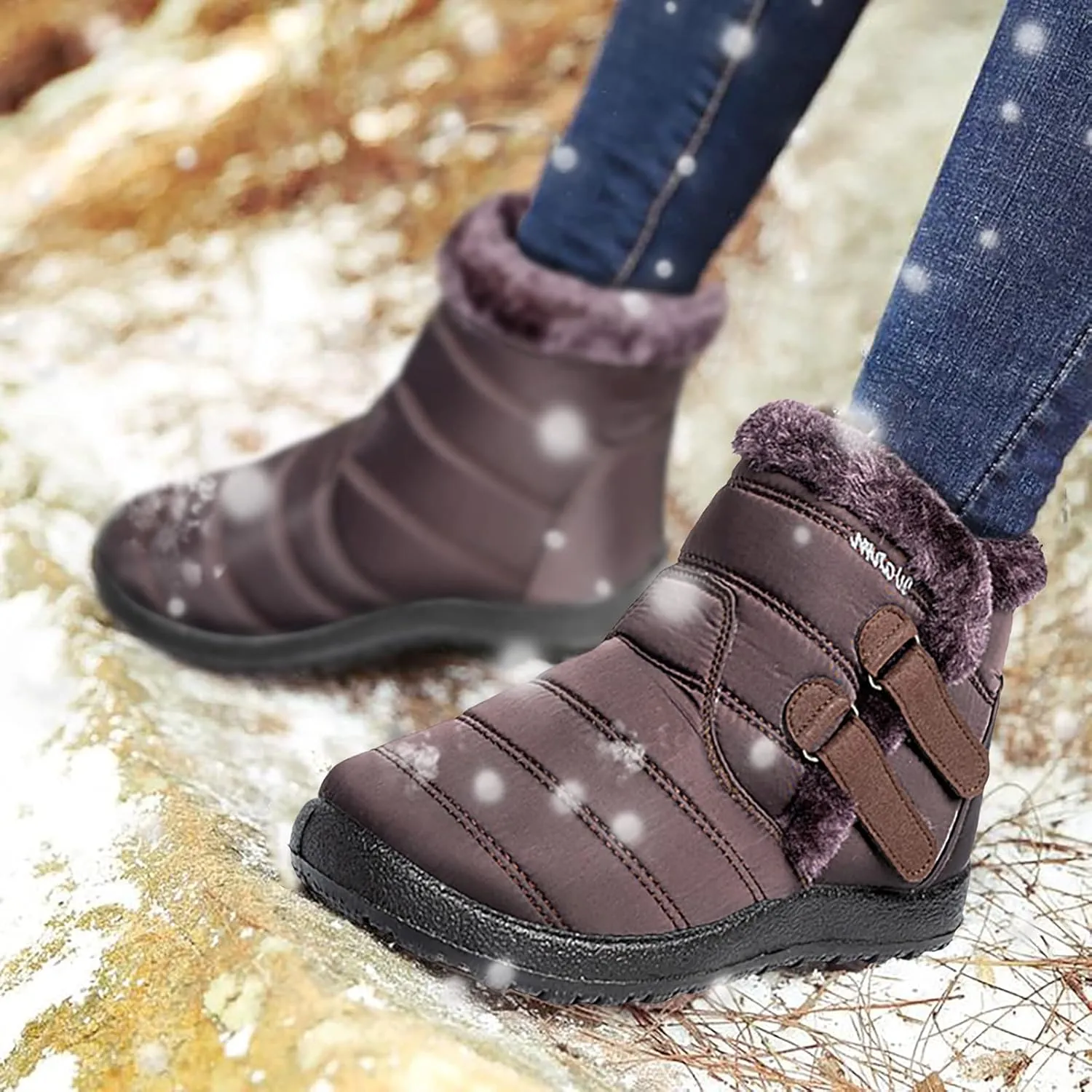 Womens Winter Snow Boots Warm Fleece Lined Short Boots for Women Anti Slip Booties with Double Hook Loop Comfortable Outdoor Shoes for Women Slip On Ankle Booties Mid Calf Boots