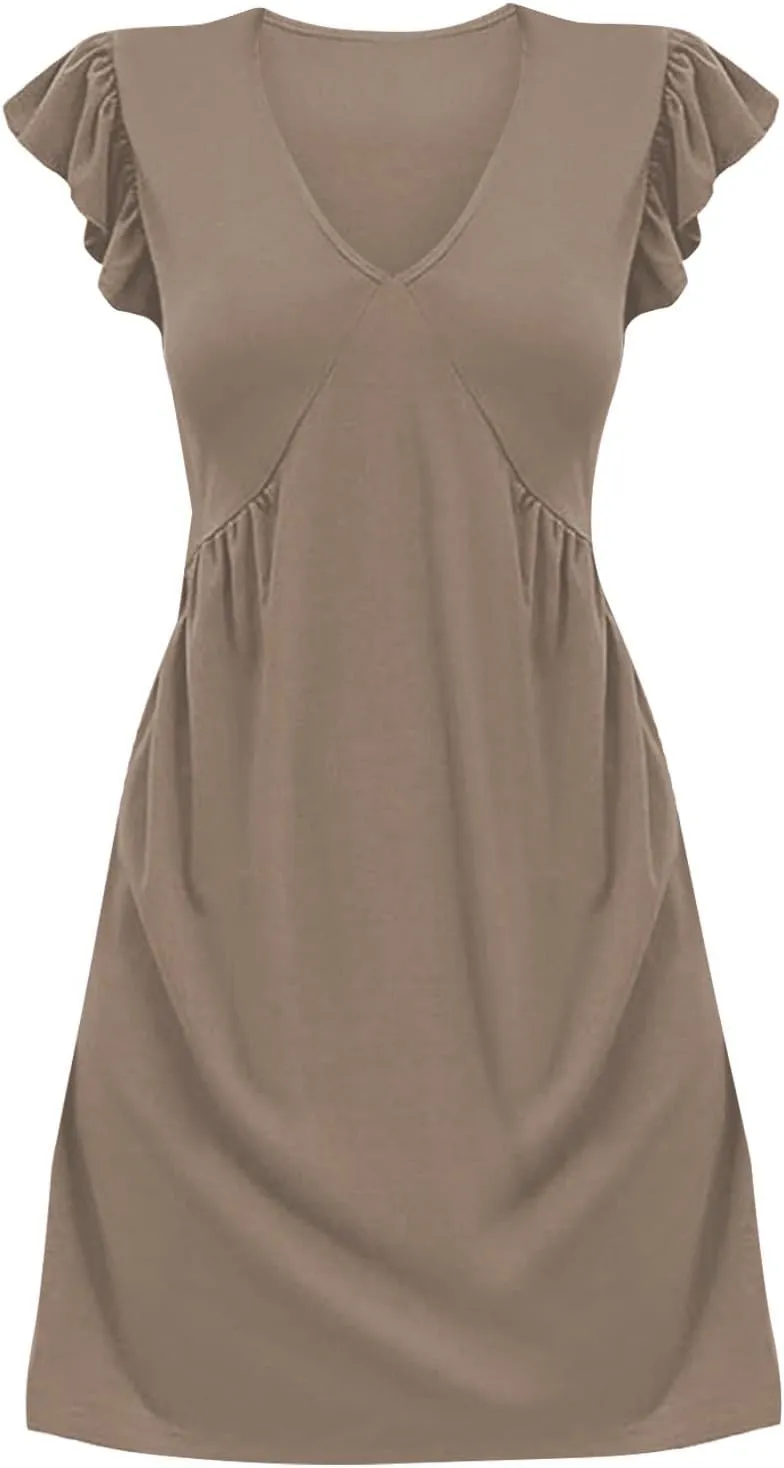 XOWRTE Women's Summer Dresses 2025 Beach Casual Deep V Neck Loose Sundress Ruffle Sleeve Mini Dress A-Line Tunic Dress