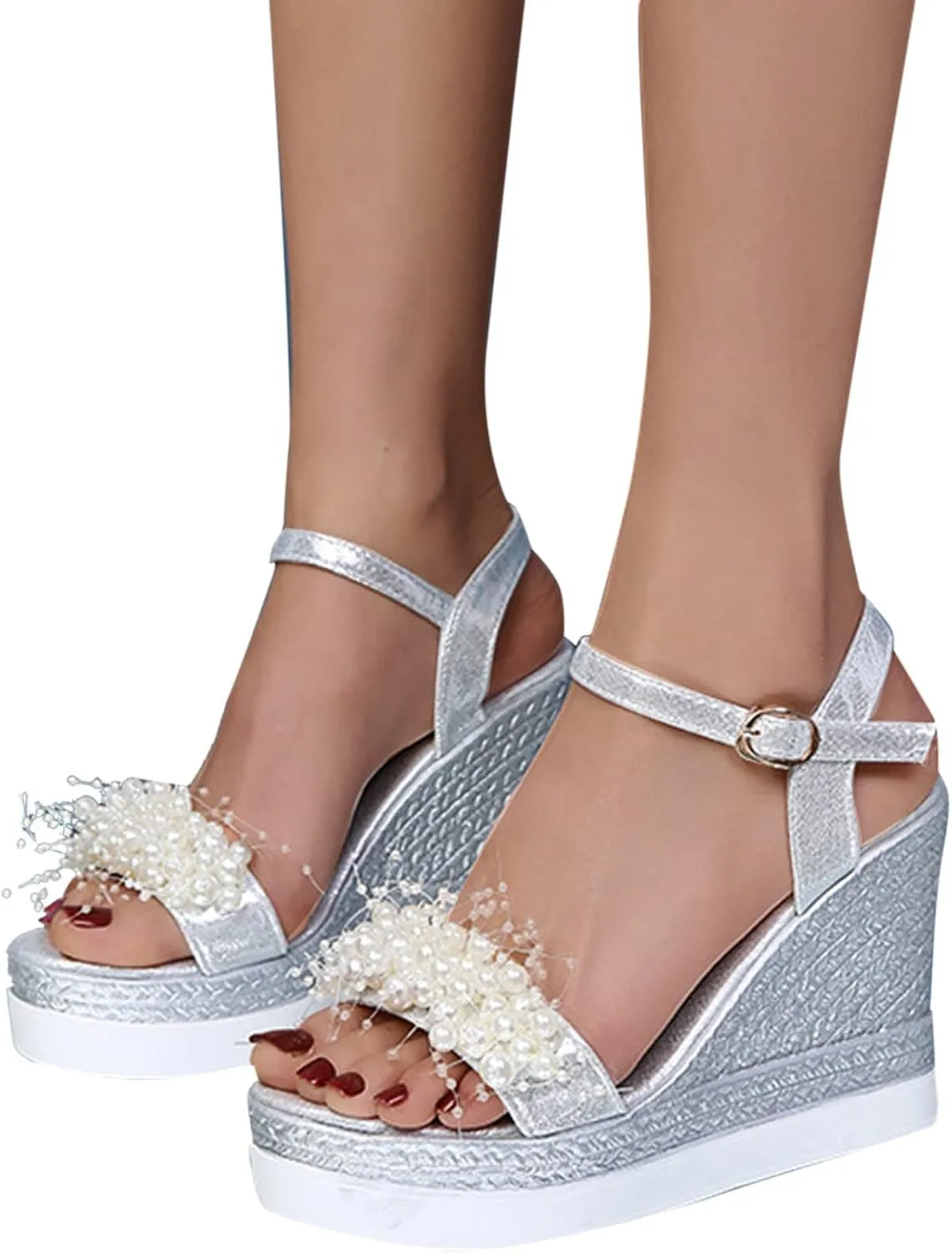 ZBYY Women's Wedges Sandals Ankle Strap Pearl Floral Casual Summer Dressy Platform Sandals Soft Open Toe Wedge Shoes
