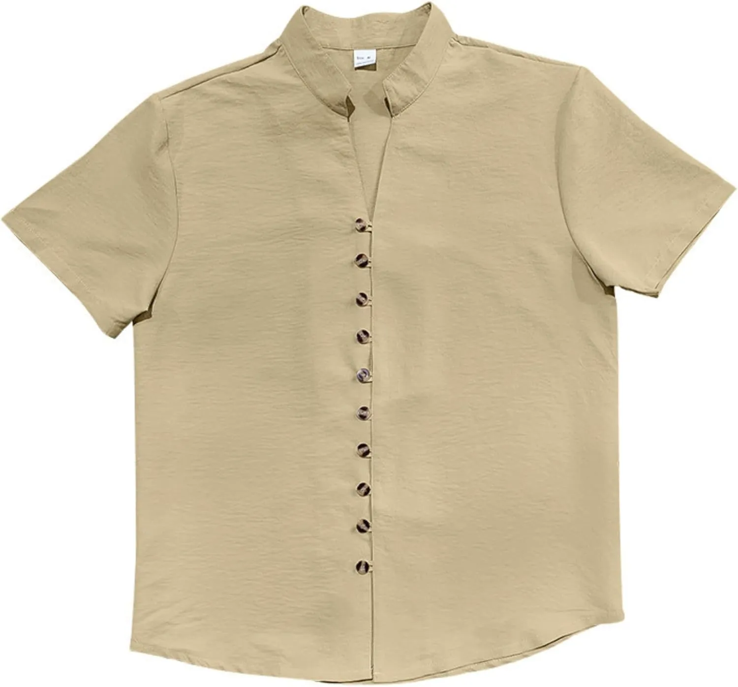 ZOCAVIA Mens Linen Shirts Summer Button Down Short Sleeve Shirt Fashion Stand Collared Top Retro Casual V Neck Beach T Shirts