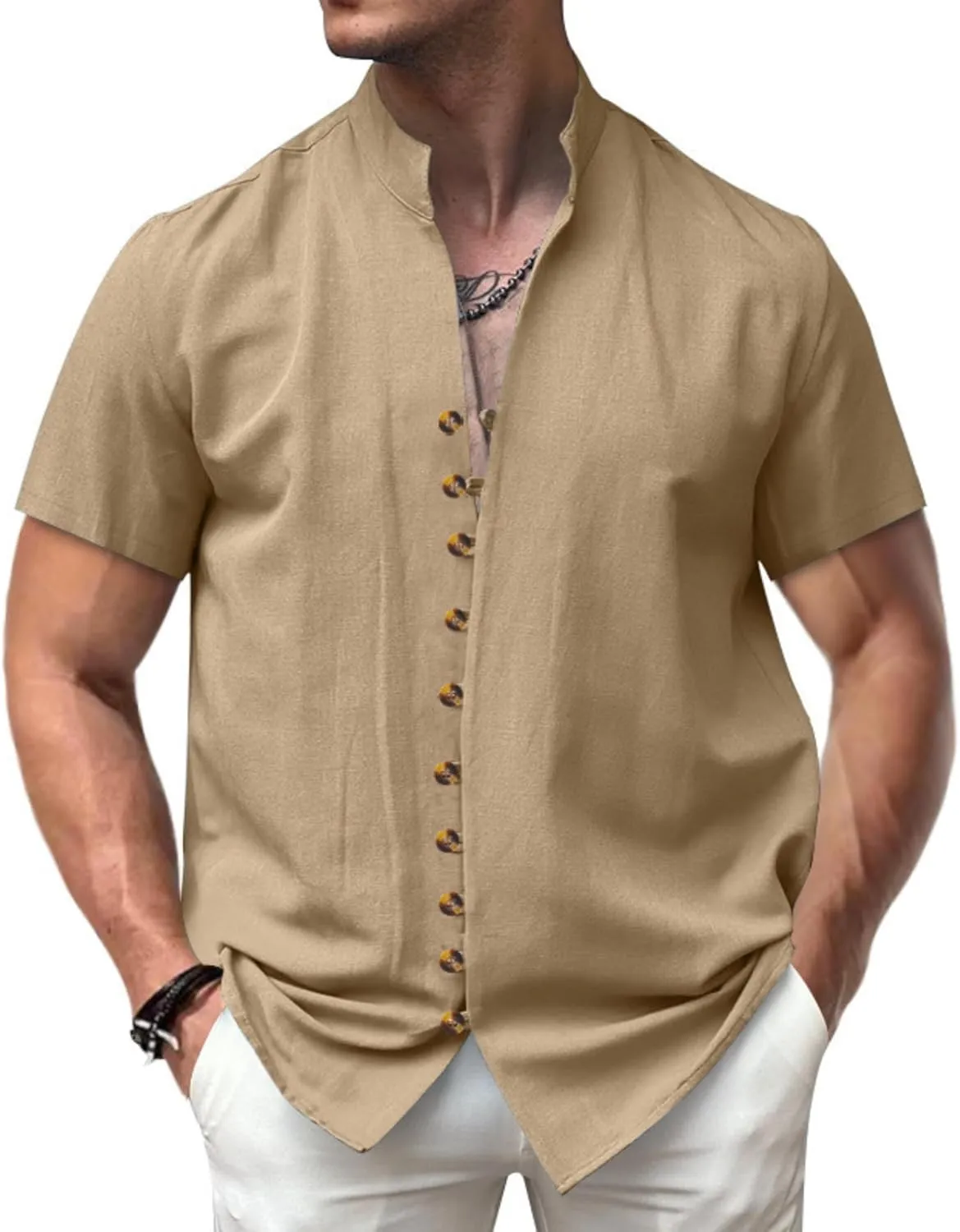 ZOCAVIA Mens Linen Shirts Summer Button Down Short Sleeve Shirt Fashion Stand Collared Top Retro Casual V Neck Beach T Shirts