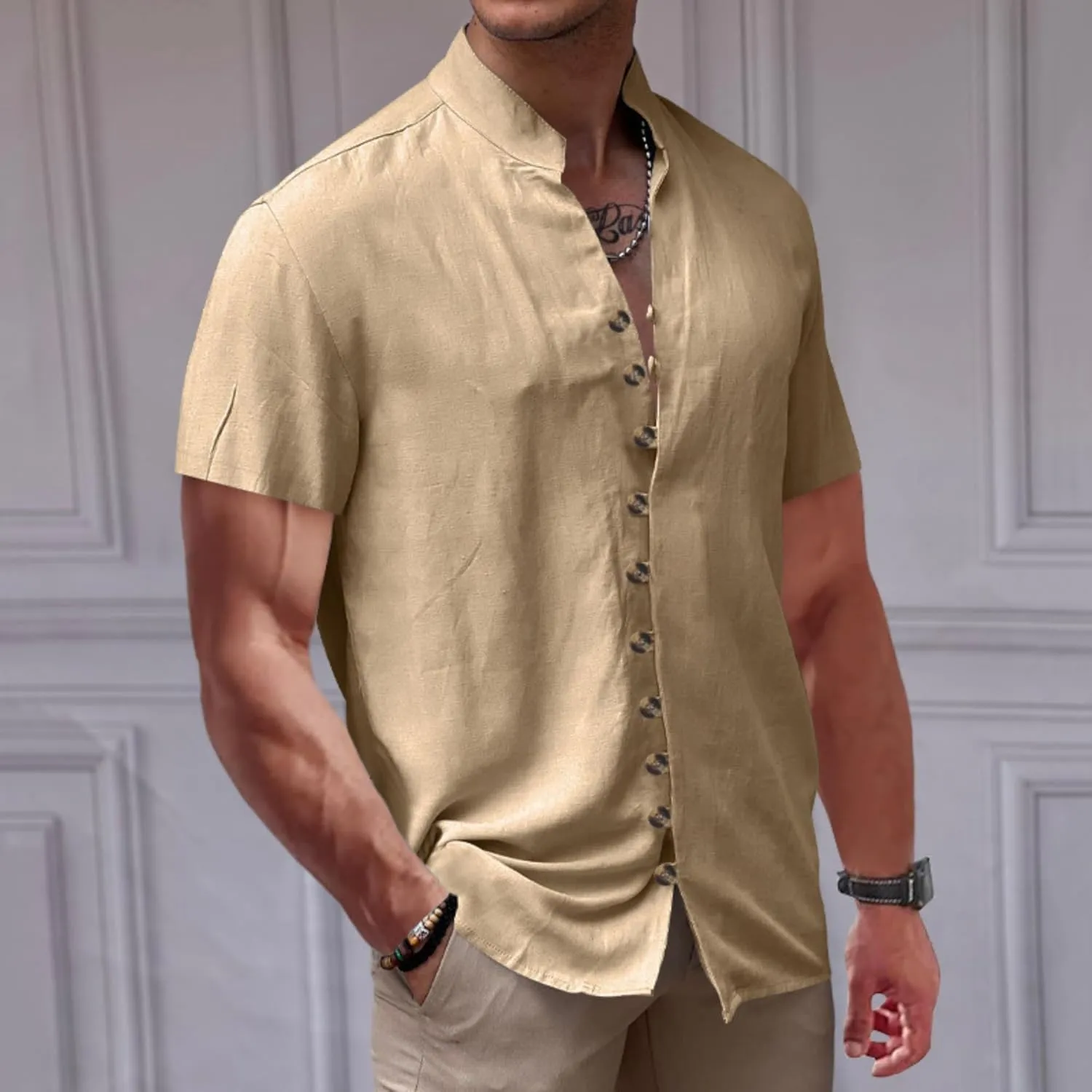 ZOCAVIA Mens Linen Shirts Summer Button Down Short Sleeve Shirt Fashion Stand Collared Top Retro Casual V Neck Beach T Shirts