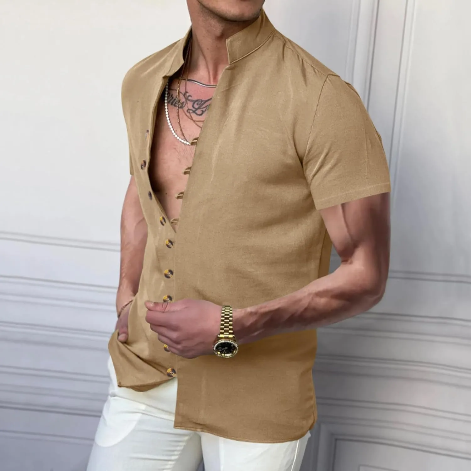 ZOCAVIA Mens Linen Shirts Summer Button Down Short Sleeve Shirt Fashion Stand Collared Top Retro Casual V Neck Beach T Shirts